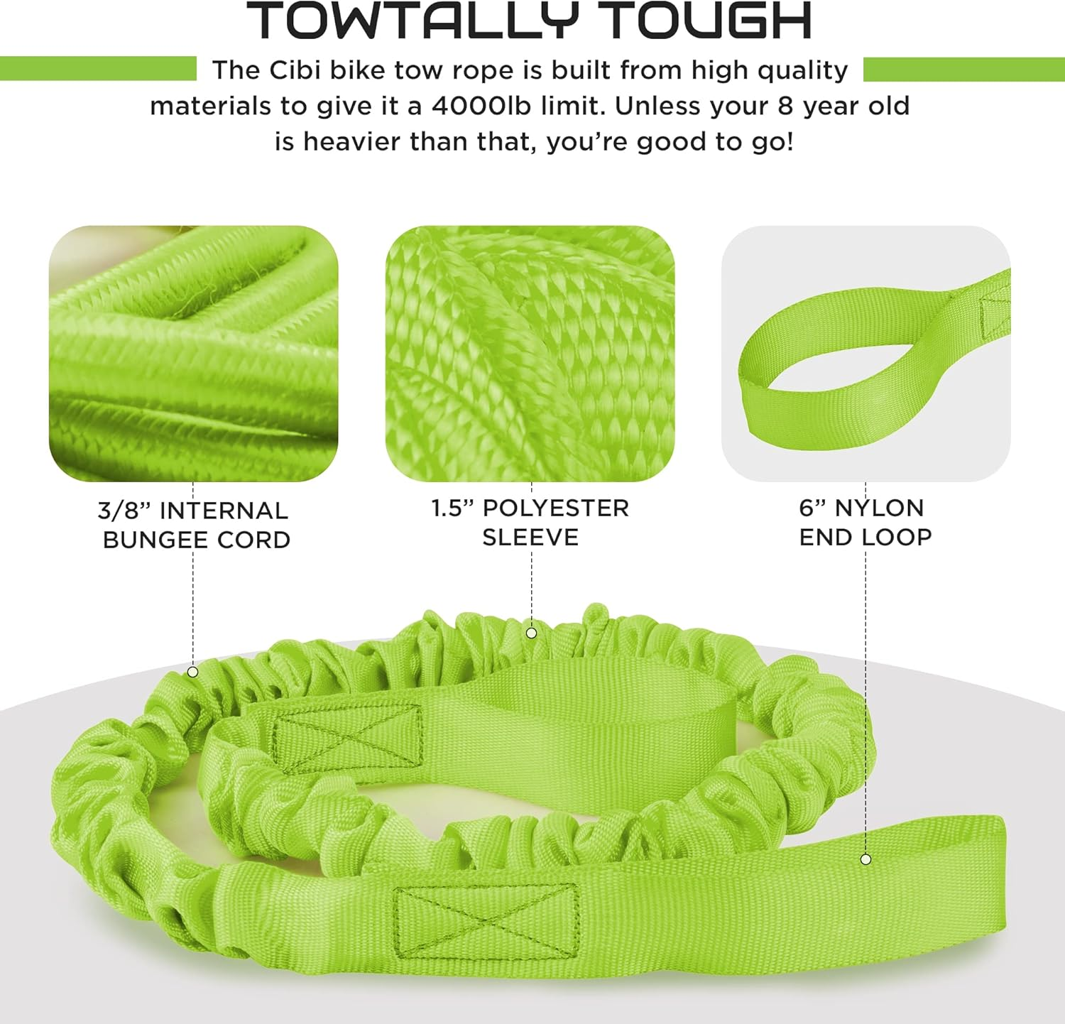 Cibi Bike Bungee Tow Rope - Heavy-Duty Uphill Cyclist Tow Strap with Secure Loops, Stretches 4.6-15 Ft, 4,000 Lbs Resistant - for Small Bikes, MTB & More image number 3