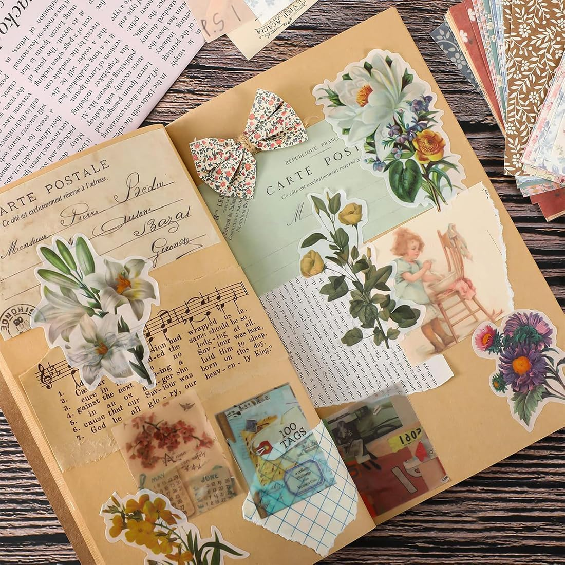 420 Sheets Scrapbooking Paper Supplies, Vintage Scrapbook Paper, Journaling Scrapbooking Supplies Kit Aesthetic Decorative Stationery Paper Decal Floral Washi Sticker for DIY Craft image number 2
