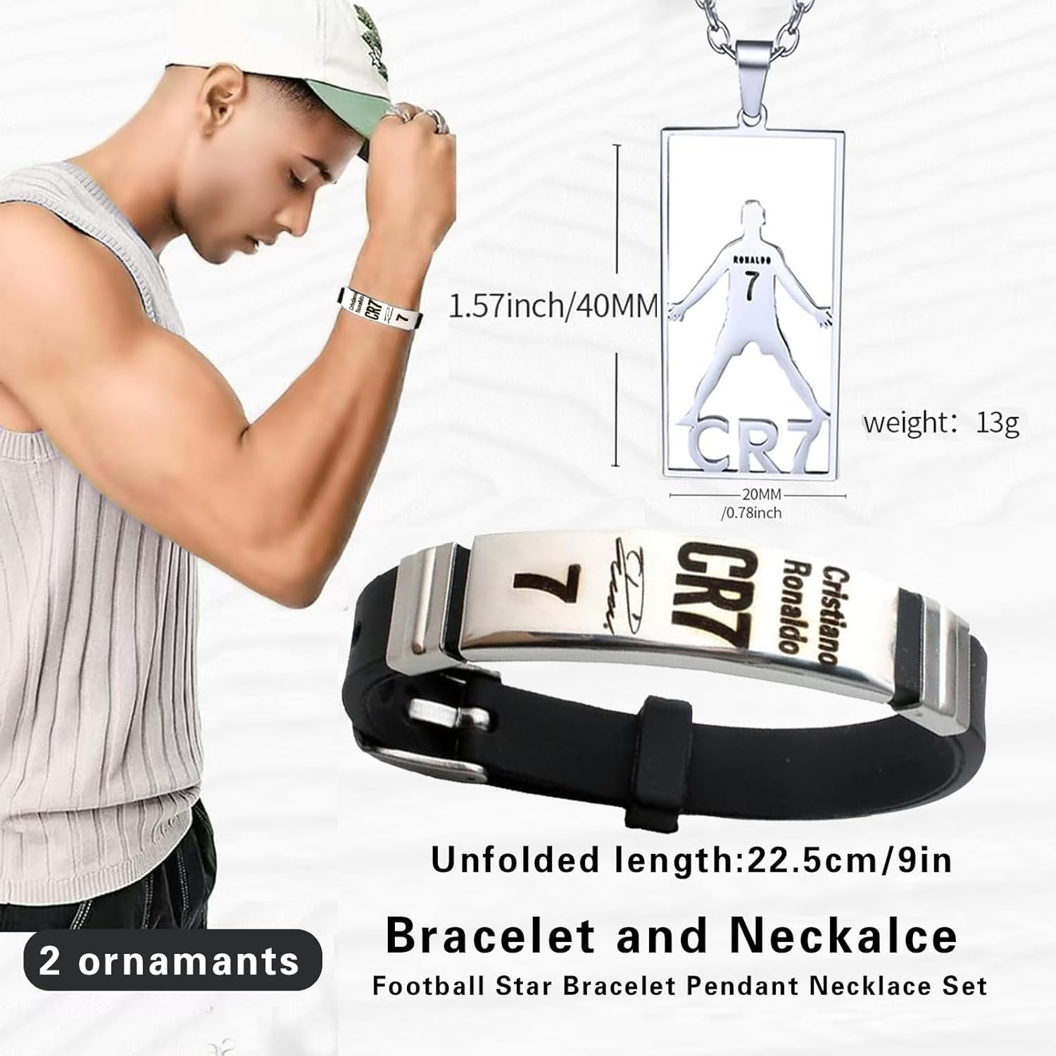 TOOGABBIE Football Star Bracelet Pendant Necklace Set, Adjustable Stainless Steel Necklace Silicone Football Bracelet for Men, Champions League Jewelry Football Fans image number 5