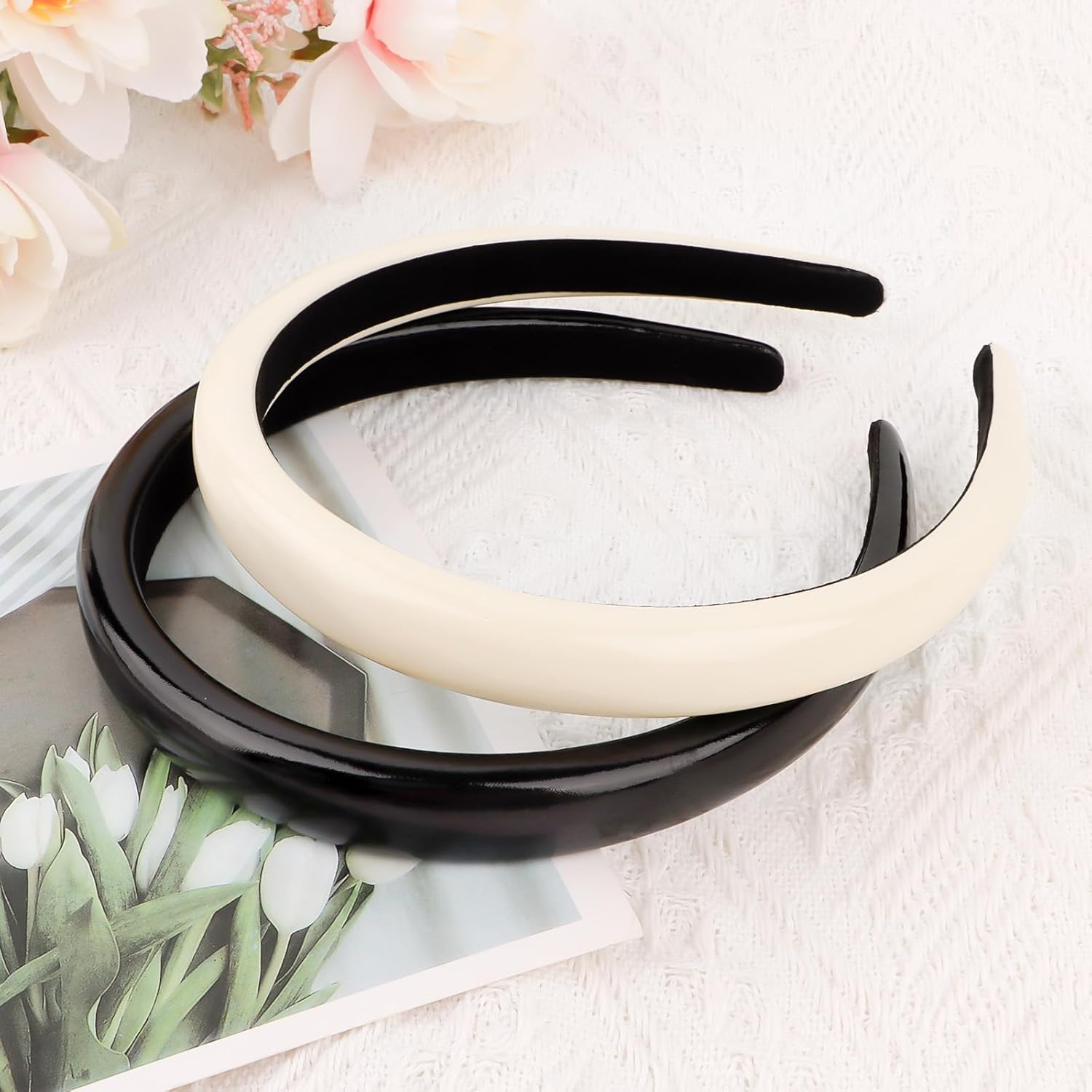 Exipsat Sponge Headbands, Black Headband, 2 Pieces, Satin Hair Bands, Wide Headbands, Padded Hair Band for Women (Black, Beige) image number 4