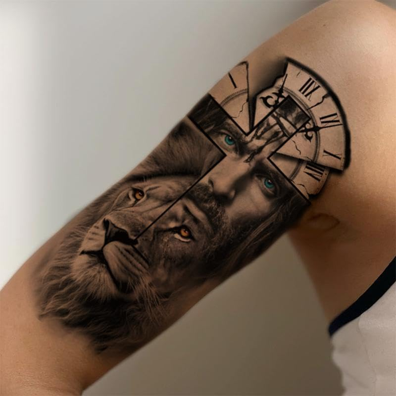 72 Sheets Temporary Tatto for Men Women Adults, 12 Sheets Arm Chest Shoulder Tattos Temporary Tattos with 60 Sheets Tiny Black Tattos, Wolf Tiger Lion Skull Owl Flower Tatto Stickers image number 6