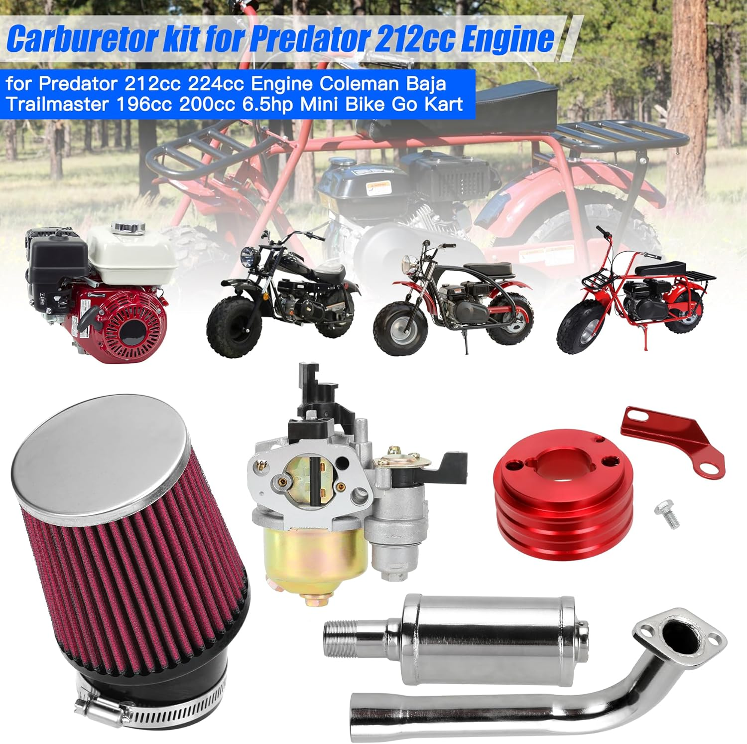 YOXUFA 212Cc Carburetor Exhaust Pipe Muffler Stage 2 Kit for Predator 212Cc 224Cc 196Cc 200 6.5Hp Engine Coleman CT200U BT200X CT200U-EX Baja Warrior MB200 GX160 Mini Bike Go Kart Parts - Black image number 4