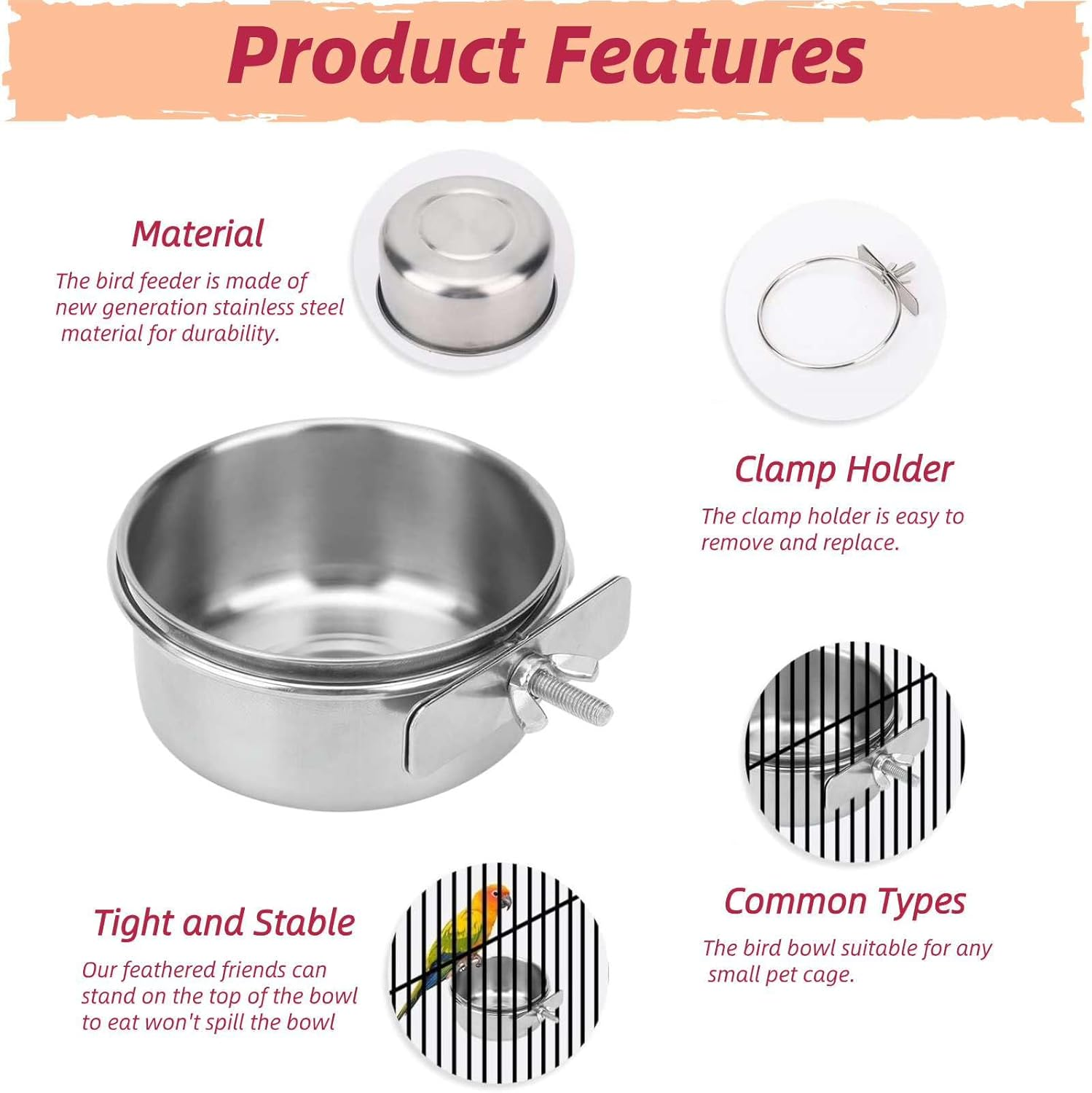 Hilleo Bird Feeder Bird Cage Accessories Include 2Pcs Stainless Steel Bird Bowls with Clamp Holder and 3Pcs Bird Food Holder, for Chinchilla Parrot Macaw Budgie Cockatiel Parakeet and Small Animals image number 3
