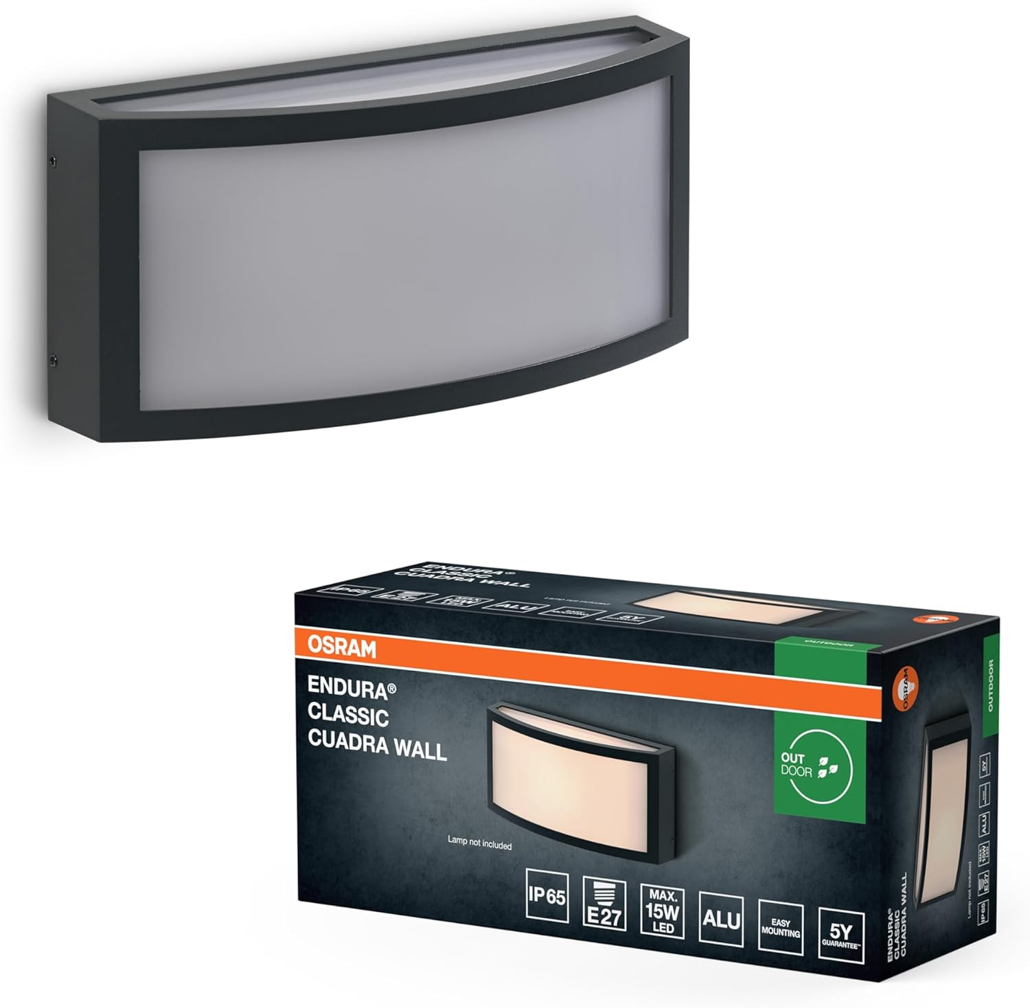 OSRAM Endura Classic Cuadra Outdoor Light, Wall Light, E27 Socket, Dark Grey, Aluminium, Quick & Easy Installation, Frosted Diffuser, IP65 Protection Class, Outdoor Use image number 2