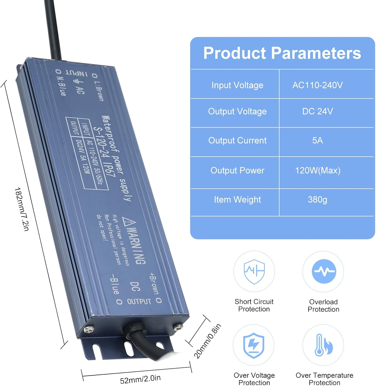 IP67 Driver Switch Power Supply Transformer Adapter AC -240V to DC 24V 120W Constant Voltage Output for Strip Light Lightbox Sign D image number 2