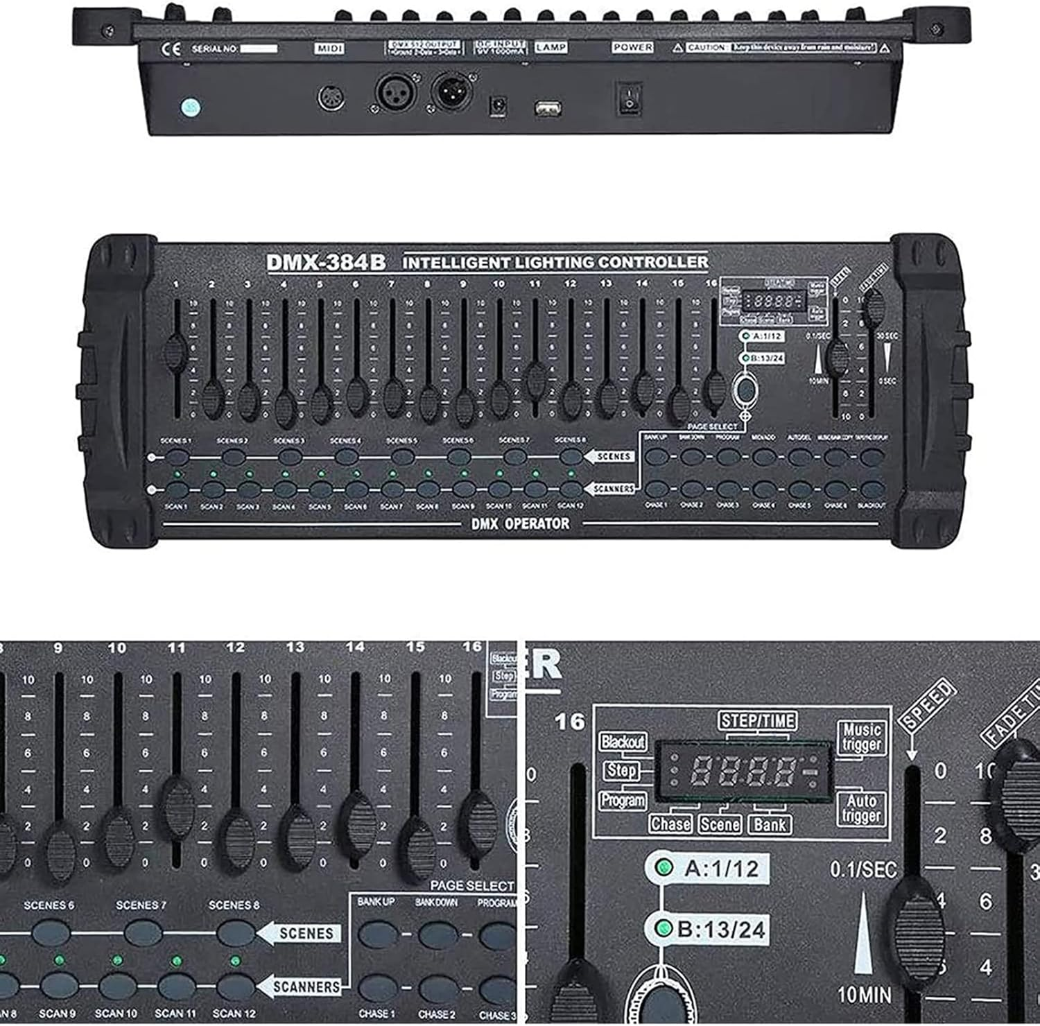DMX 384 A/B Console, DMX-512 DJ Controller - Control of 24 Devices with 16 DMX Channels, LED Digital Display, Programmable, Built-In Amplifier, for Professional Dj,Bar, Stage Club,Black image number 2