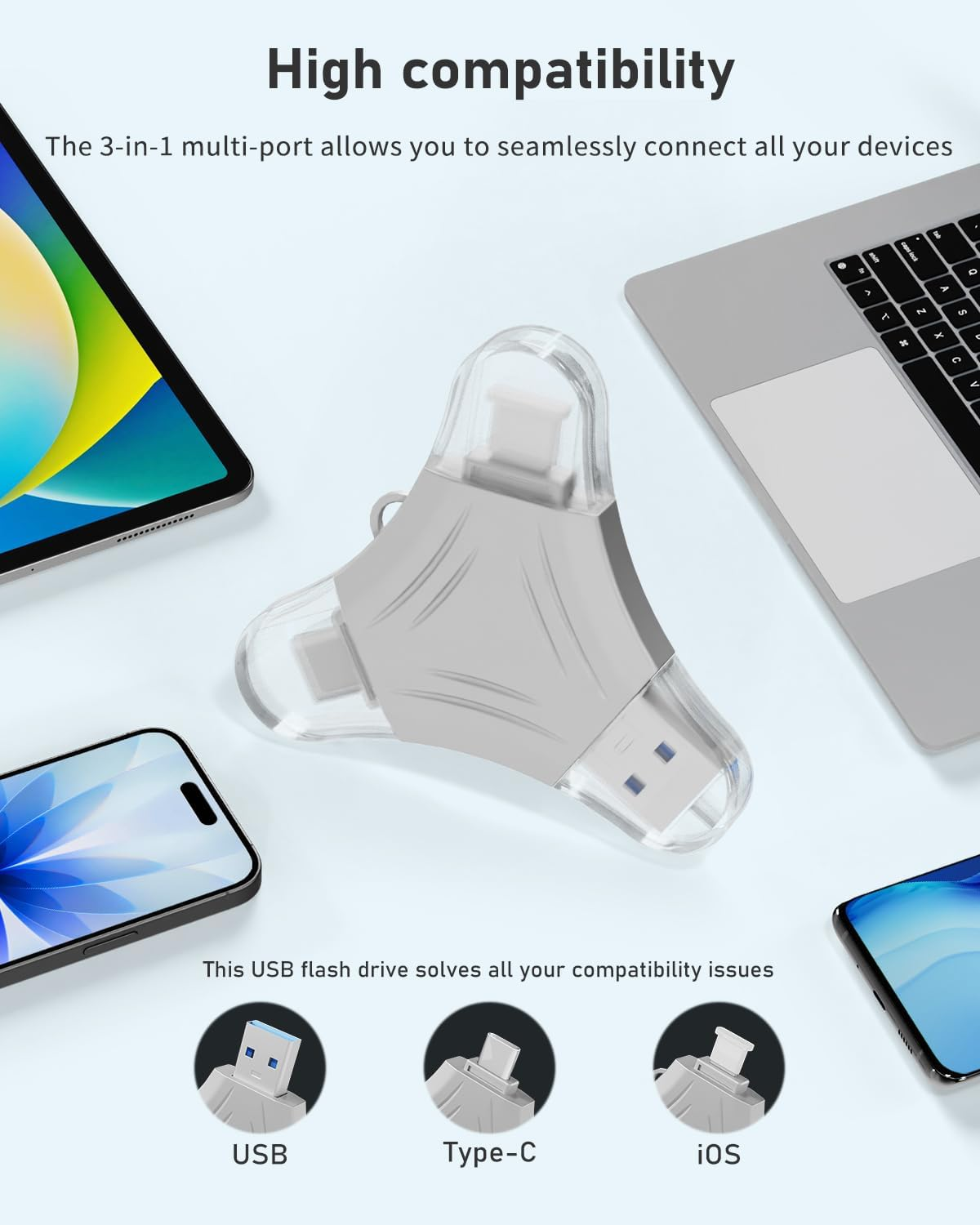 USB 3.0 Flash Drive for Phone 512Gb:3In1 External Memory Photo Keeper Storage Stick for Picture/Video/Data Saver/Backup High Speed Thumb/Jump/Hard Drive for Ipad/Android/Pc -Silver - Silver image number 2