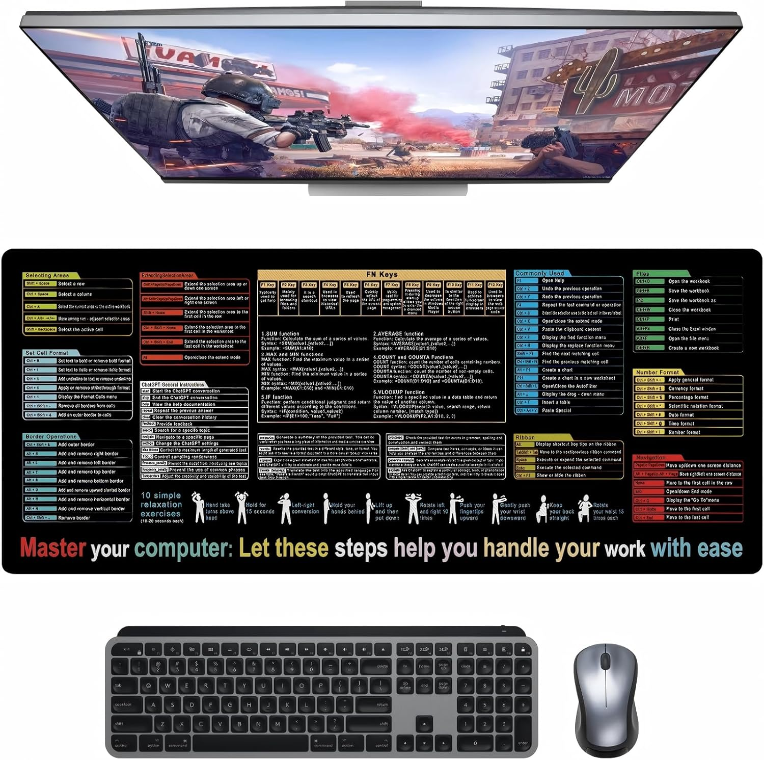Waterproof Mouse Pad, 80 X 30 CM Excel Shortcut Keys Mouse Pads, Contains 9 Major Excel Function Modules and Common Functions, Large XL Mouse Pad Gaming, PC Office Spreadsheet Keyboard Mat