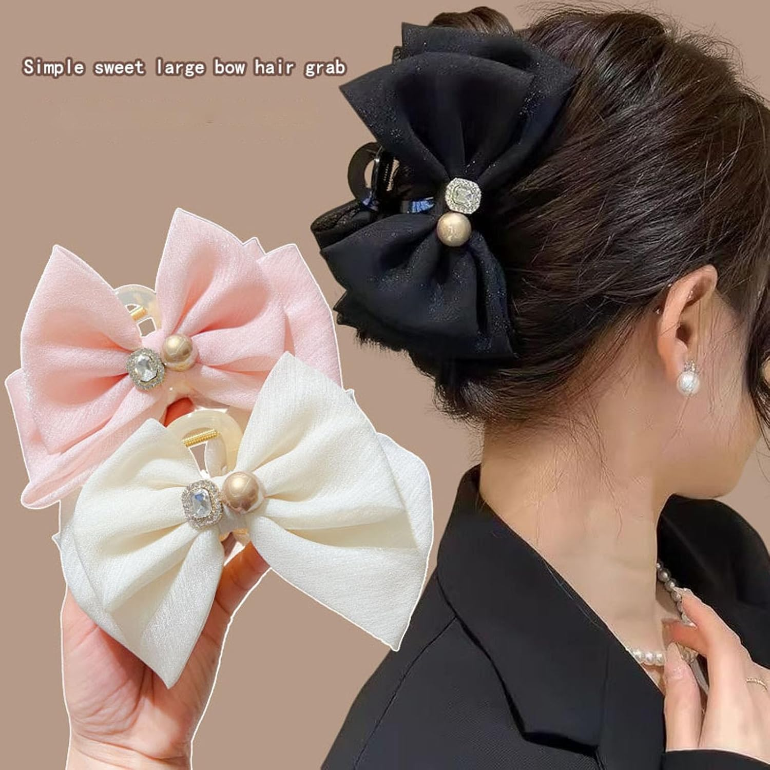 Tulle Bow Hair Clip with Rhinestones - Large Claw Hair Accessory for Thick Hair Ponytails, Chiffon Bow and Mesh Bowknot (Black) - White image number 3