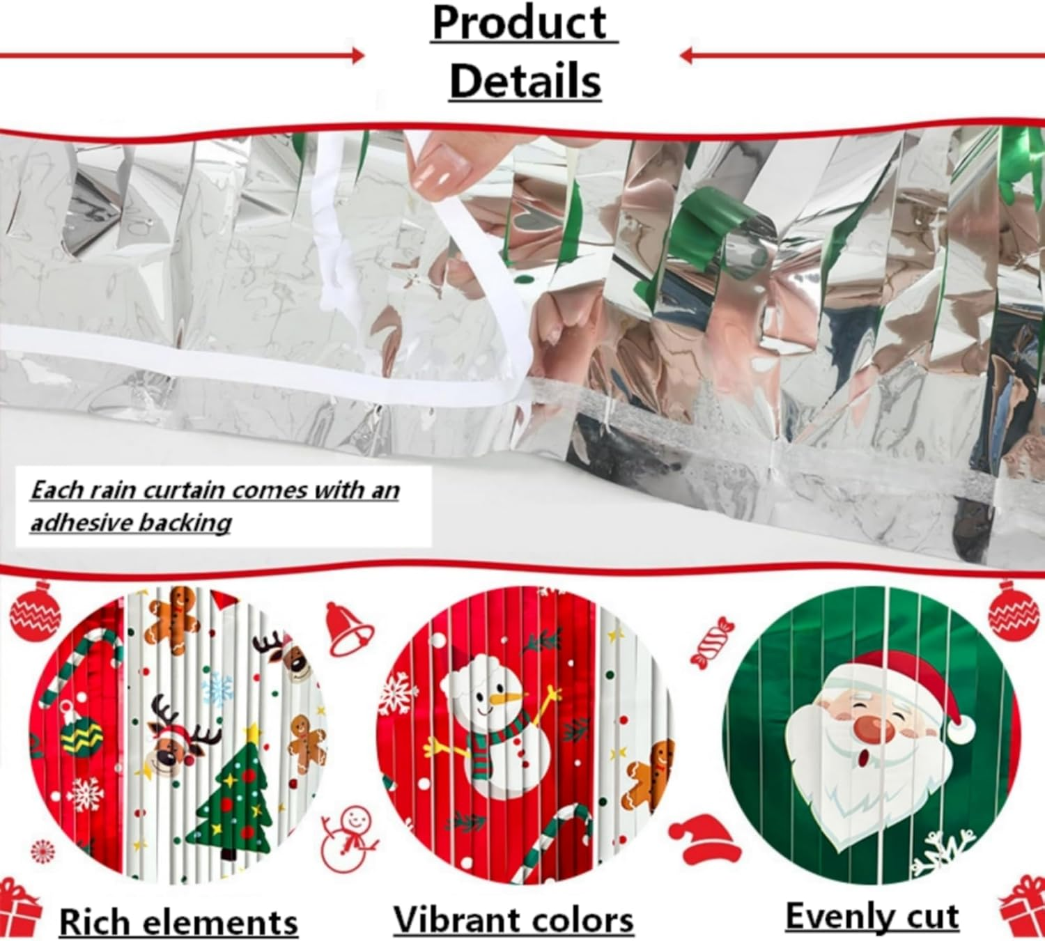 Christmas Foil Fringe Curtains - Santa Snowman Tree Design 100X200Cm Red White Green Tinsel Backdrop for Xmas in July, Aussie Christmas Parties, Photo Booth Decorations（3 Pack ） image number 3