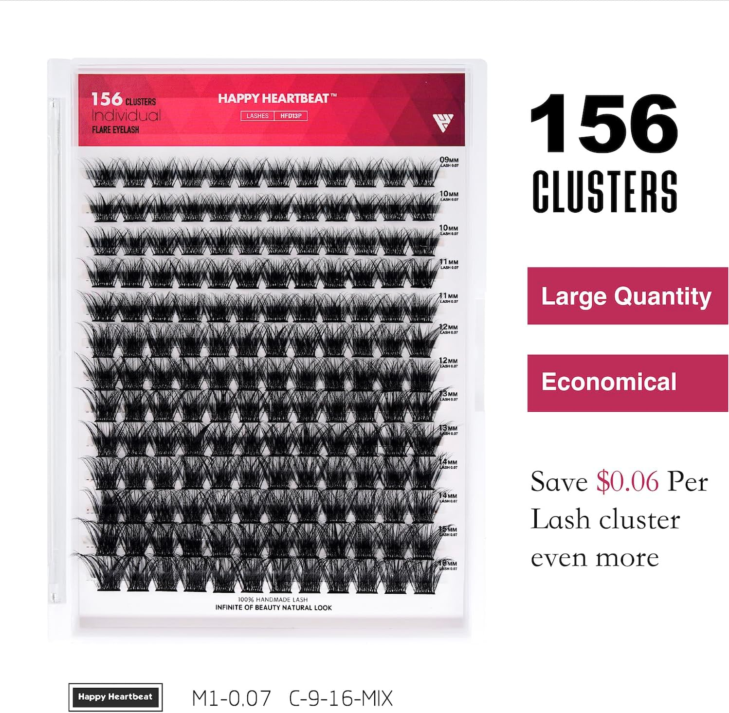 Individual Lashes M1 Dramatic Eyelash Extension 9-16Mm C Curl Soft Faux Mink Lashes Clusters C/D Curl Individual Lashes Extensions DIY Clusters Lashes -Happy Heartbeat(M1-0.07, C-9-16-MIX)