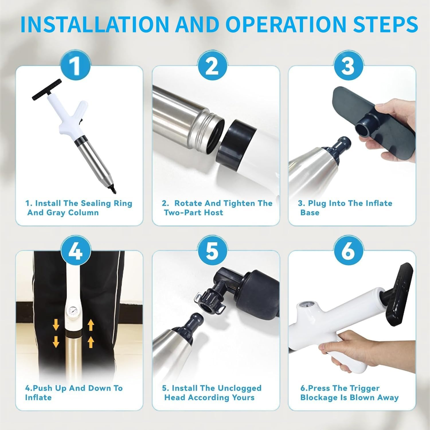 Toilet Plunger, Drain Cleaner Pump, Compressed Air Pipe Cleaner Kit (4 Suction Adapters), Plunger Drain for Cleaning Toilets, Sink, Bathtub, Floor, Drain image number 5