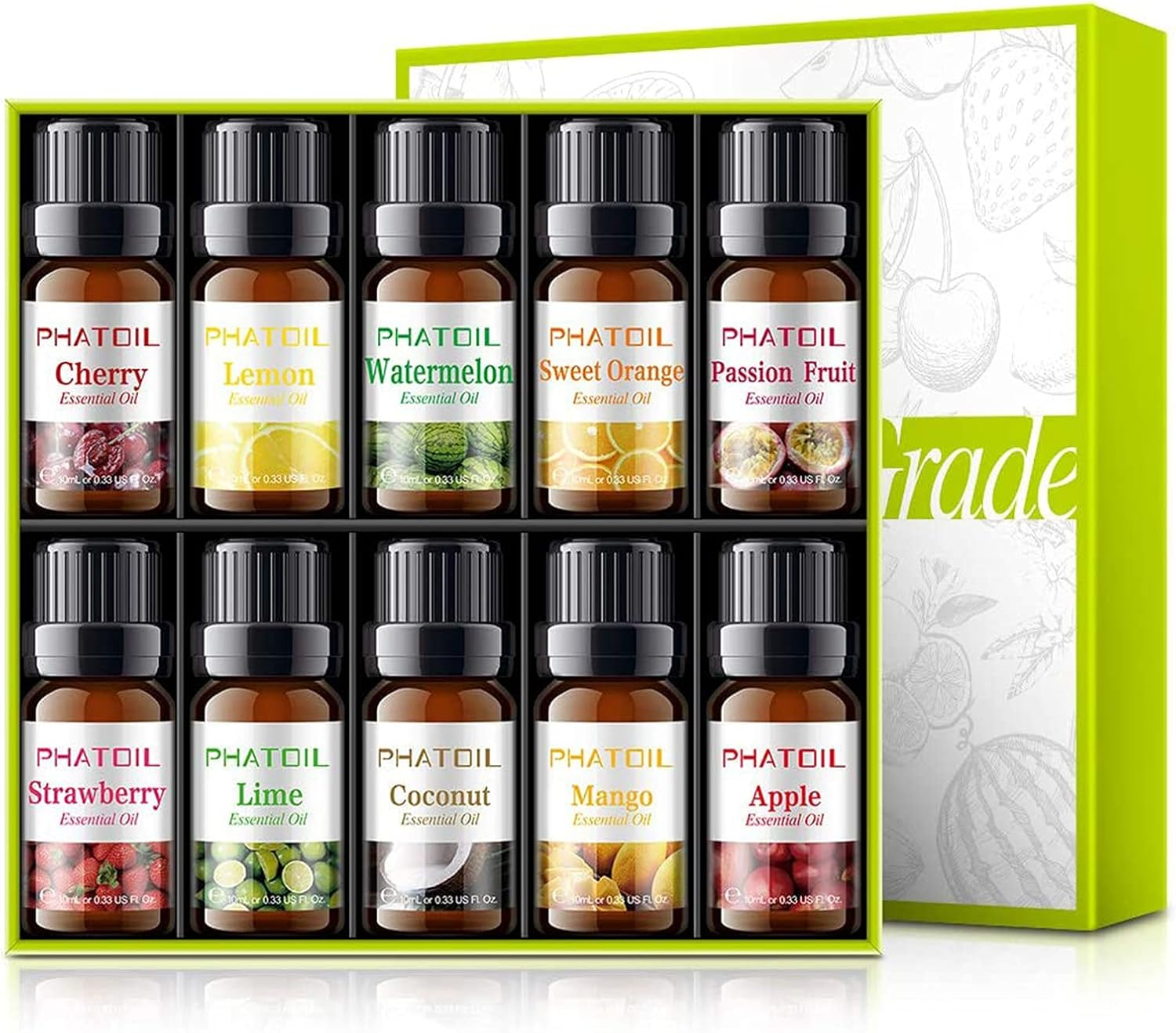 PHATOIL Fruity Fragrance Essential Oil Set 10 X 10 Ml, Aromatherapy Premium Grade Oils Kit, Cherry, Mango, Coconut, Lemon, Apple, Passion Fruit, Watermelon, Sweet Orange, Lime, Strawberry