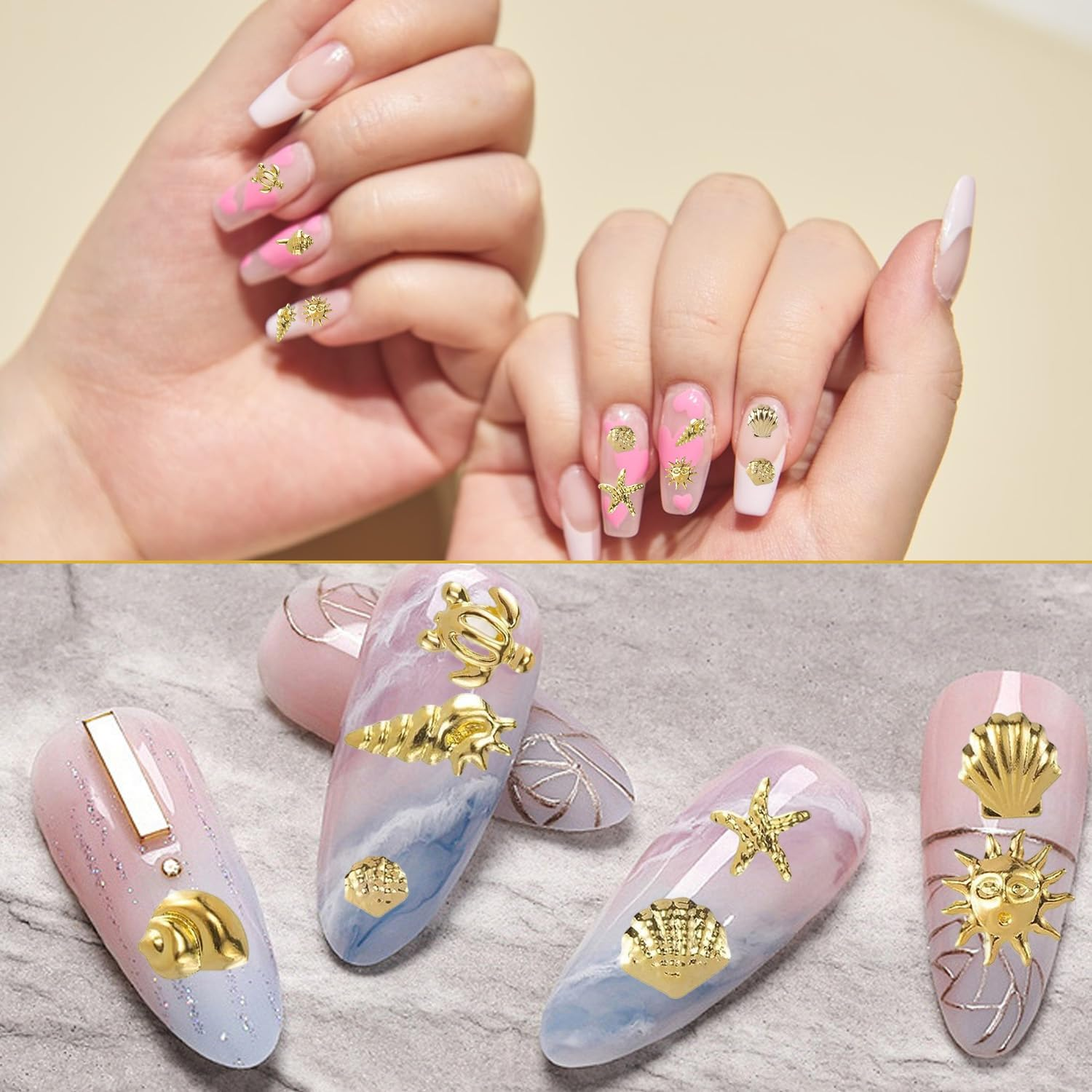 Nail Charms Gold, 122 Pieces 3D Gel Nail Art Charms Nails, Ocean Summer Sea Star Shell Rivets Charm Set, Metal Nail Design for Gel and Acrylic Nails, Golden 3D Nail Art DIY