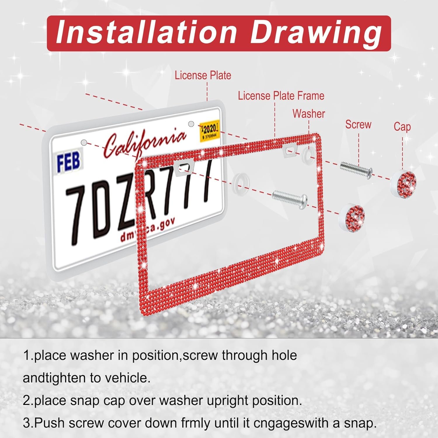 Amiss Bling Number Plate Cover Frame for Women, 2Pack Rhinestone Handcrafted Crystal Premium Stainless Steel Car Accessories with Diamond Sparkle Glitter Caps (Red) - 2, Red image number 4