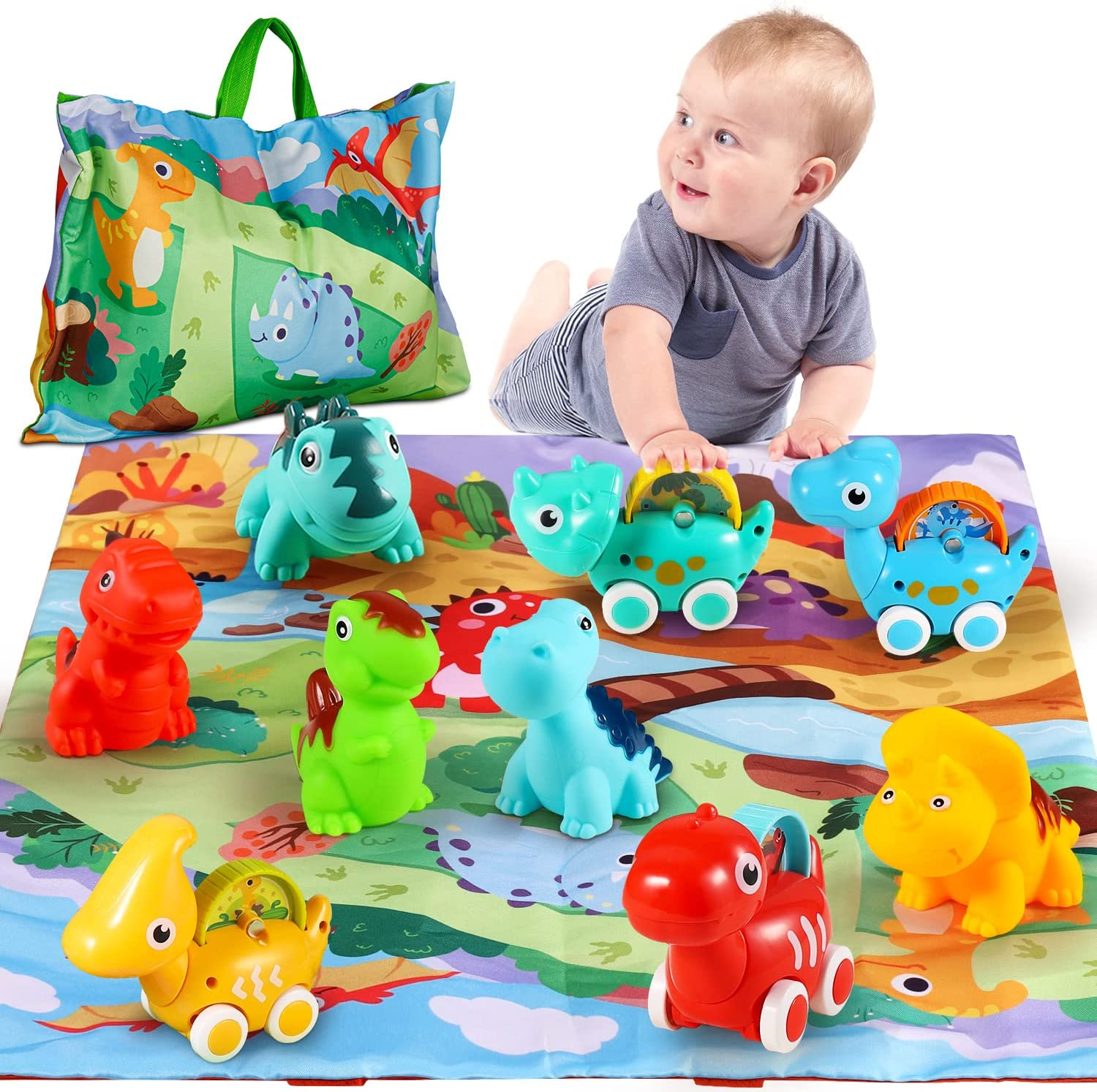 ALASOU 9 PCS Dinosaur Car Toys with Playmat/Storage Bag|Baby Car Toys for 1 Year Old Boy|1St Birthday Gifts Toddler Age 1-2|1 Year Old Boy Birthday Gift Infant 12 18 Months image number 6