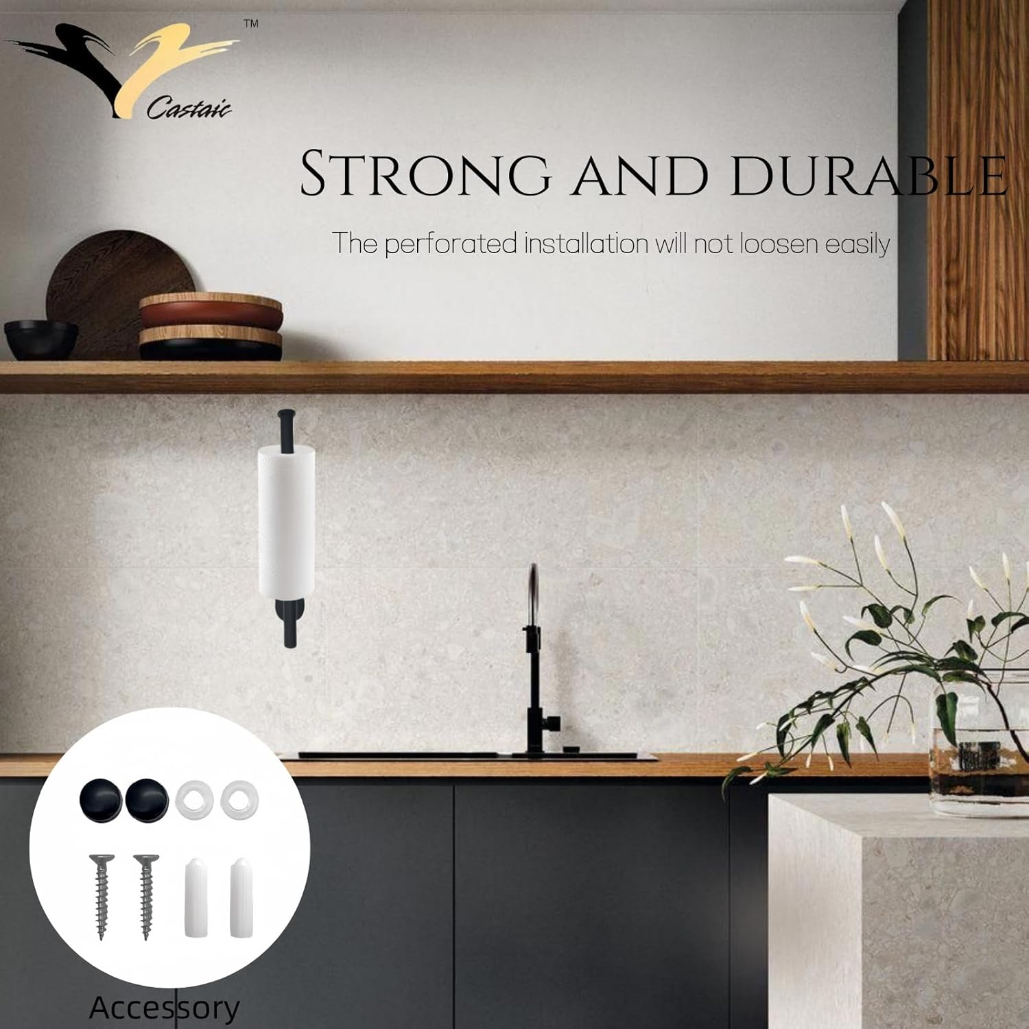 Castaic Paper Towel Holder under Cabinet, Kitchen Roll Hanger, 304 Stainless Steel, Self Adhesive Hanging for Kitchen, Bathroom (Black-Rectangle 13 Inch) image number 4