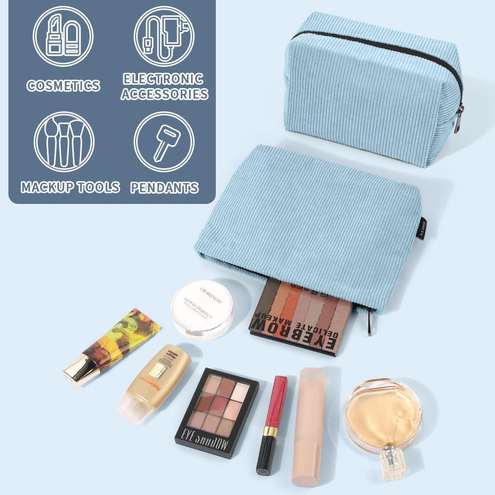MAANGE 2 Pcs Makeup Bag, Cosmetic Bags for Women Travel Set Small Makeup Bag for Purse Corduroy Portable Versatile Zipper Pouch for Women (Blue image number 5