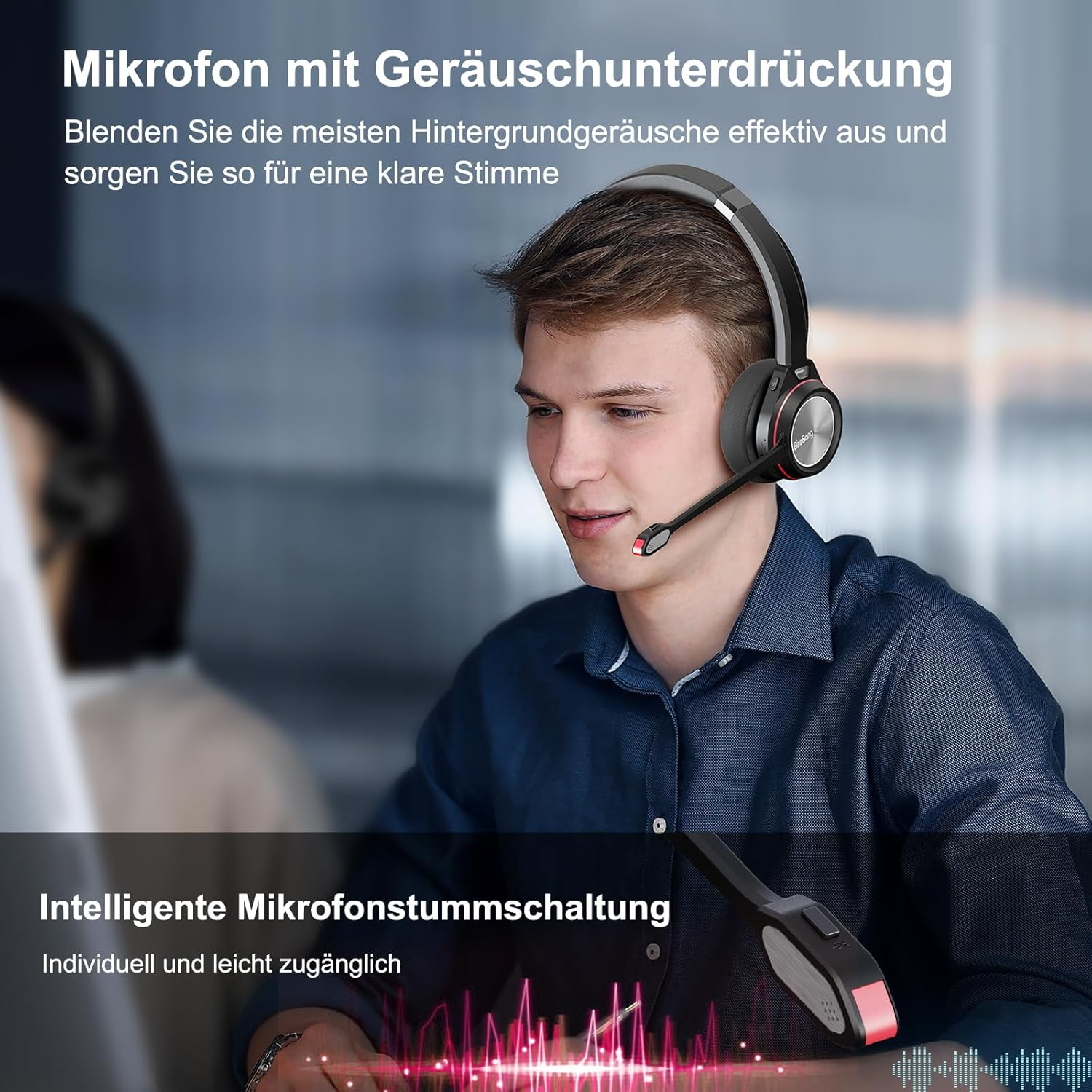 Beebang Wireless Headset, Bluetooth 5.2 Headset with Microphone & USB Dongle for PC, 40 Hours Talk Time Headphones Wireless for Mac Computer Skype Teams Zoom Laptop Office Call Centre Phone image number 3