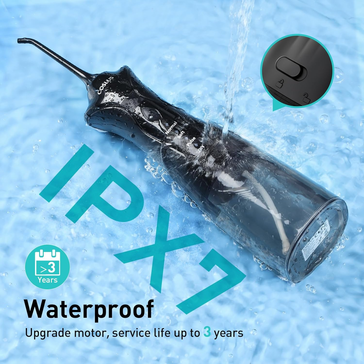 Water Dental Flosser Pick for Teeth: COSLUS 4 Modes Portable Cordless 300ML Larger Tank, Oral Irrigador IPX7 Waterproof Rechargeable Water Teeth Cleaner Flossing Cleaning Picks for Travel Home Black image number 5