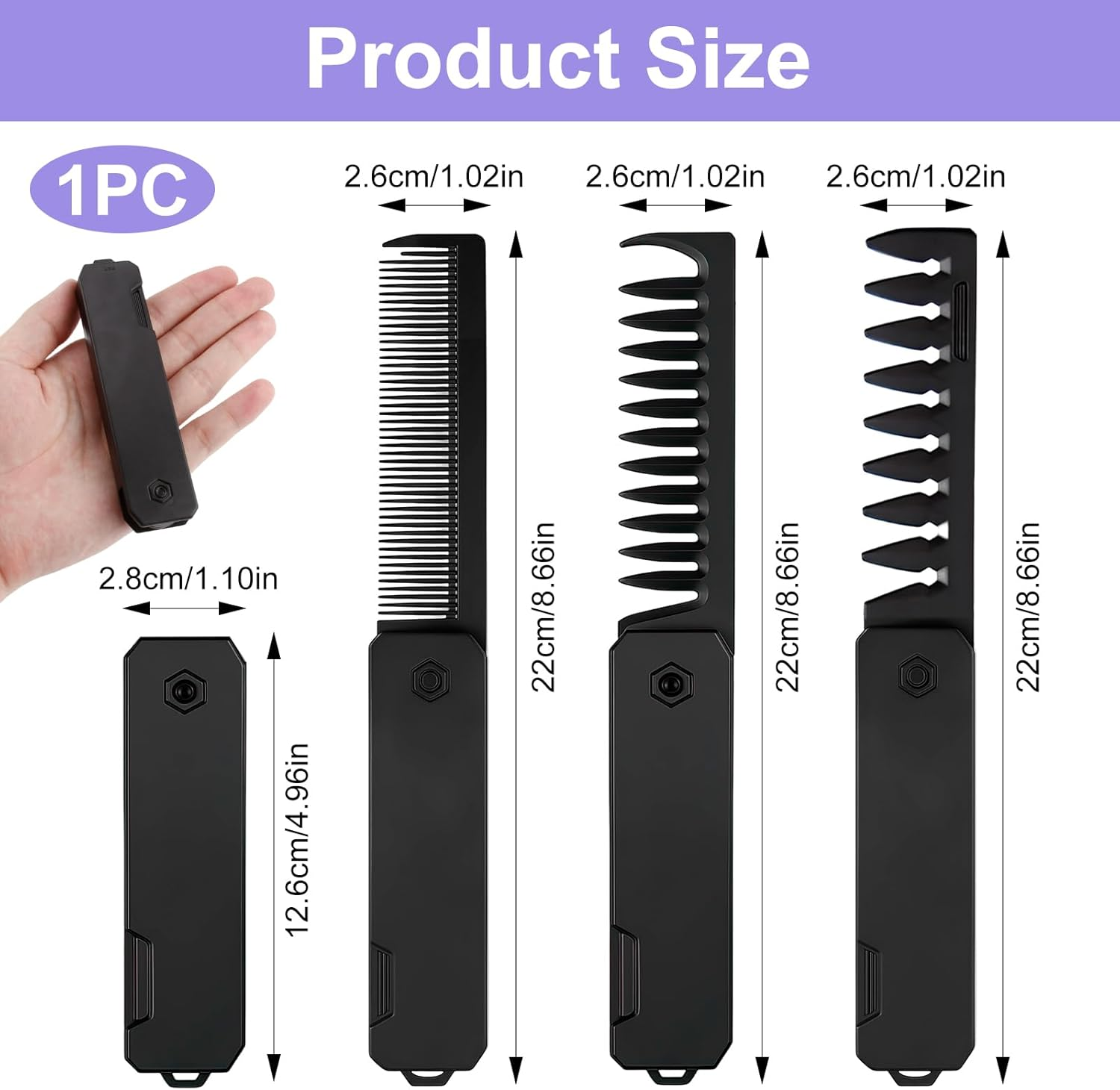 3-In-1 Folding Comb, Men'S Portable Hair Comb with Fine Tooth and Wide Tooth Comb, Beard and Moustache Styling, Foldable Travel Comb, Compact for Daily Hair and Beard Care (Black) image number 4