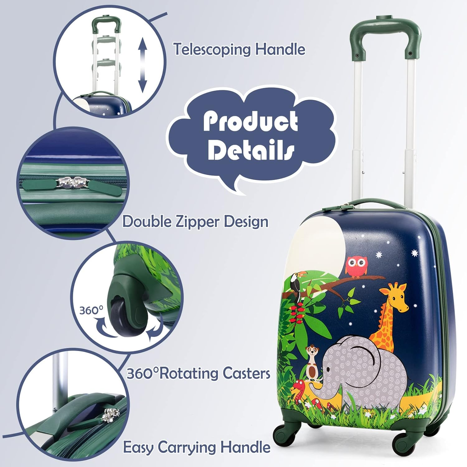 Giantex 2Pc 12"+16"/18" Kids Carry on Luggage Set Travel Trolley Travel Suitcase Set (Jungle) image number 4