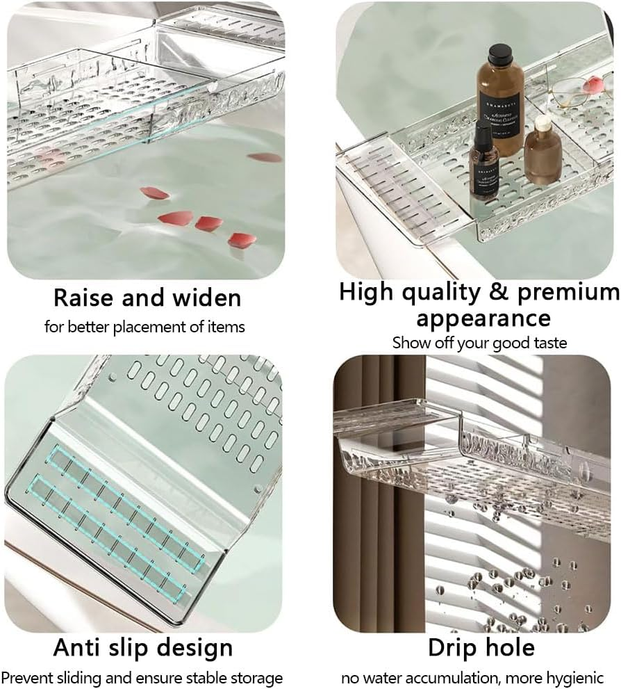 HYAVIA Adjustable Bathtub Caddy Tray Expandable Non-Slip Bath Tub Organizer with Drainage Slots Multi-Functional Bathroom Rack for Spa Accessories Phone and Book Holder image number 5