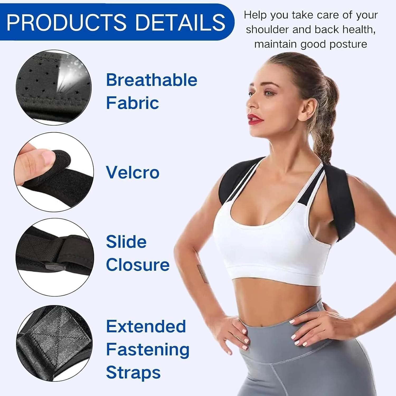 Posture Corrector, Adjustable Back Brace for Men and Women, Shoulder Support for Upper Back Pain Relief, Ideal for Office Workers, Students, Drivers, Black image number 2