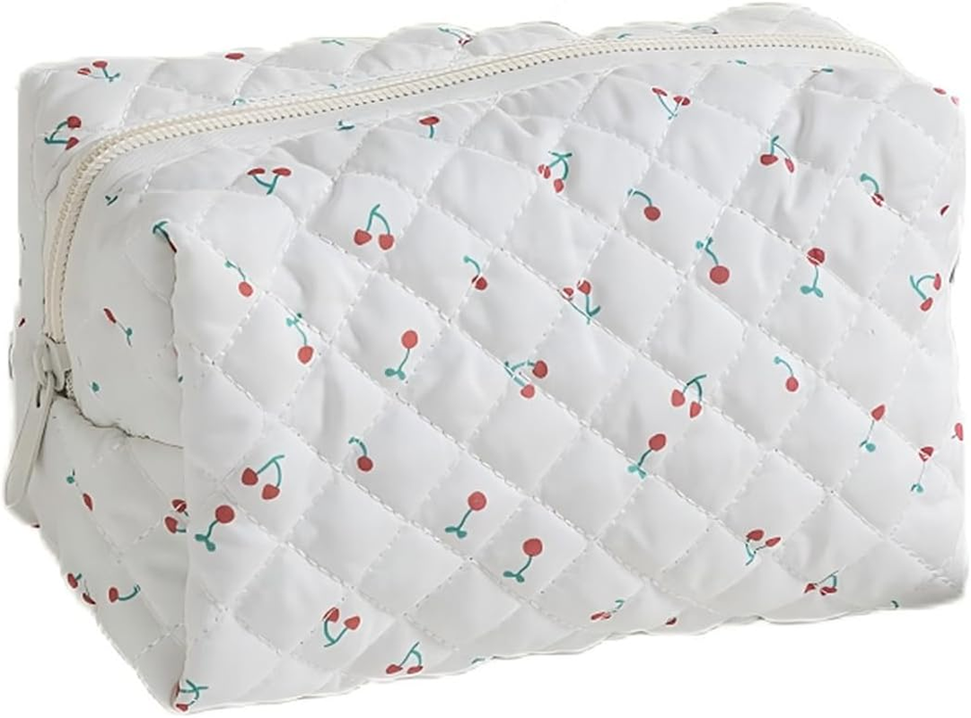 Quilted Makeup Bag, Cute Floral Cosmetic Bag for Women, Cotton Make up Bag, Flower Travel Toiletry Bag Organizer Floral-6