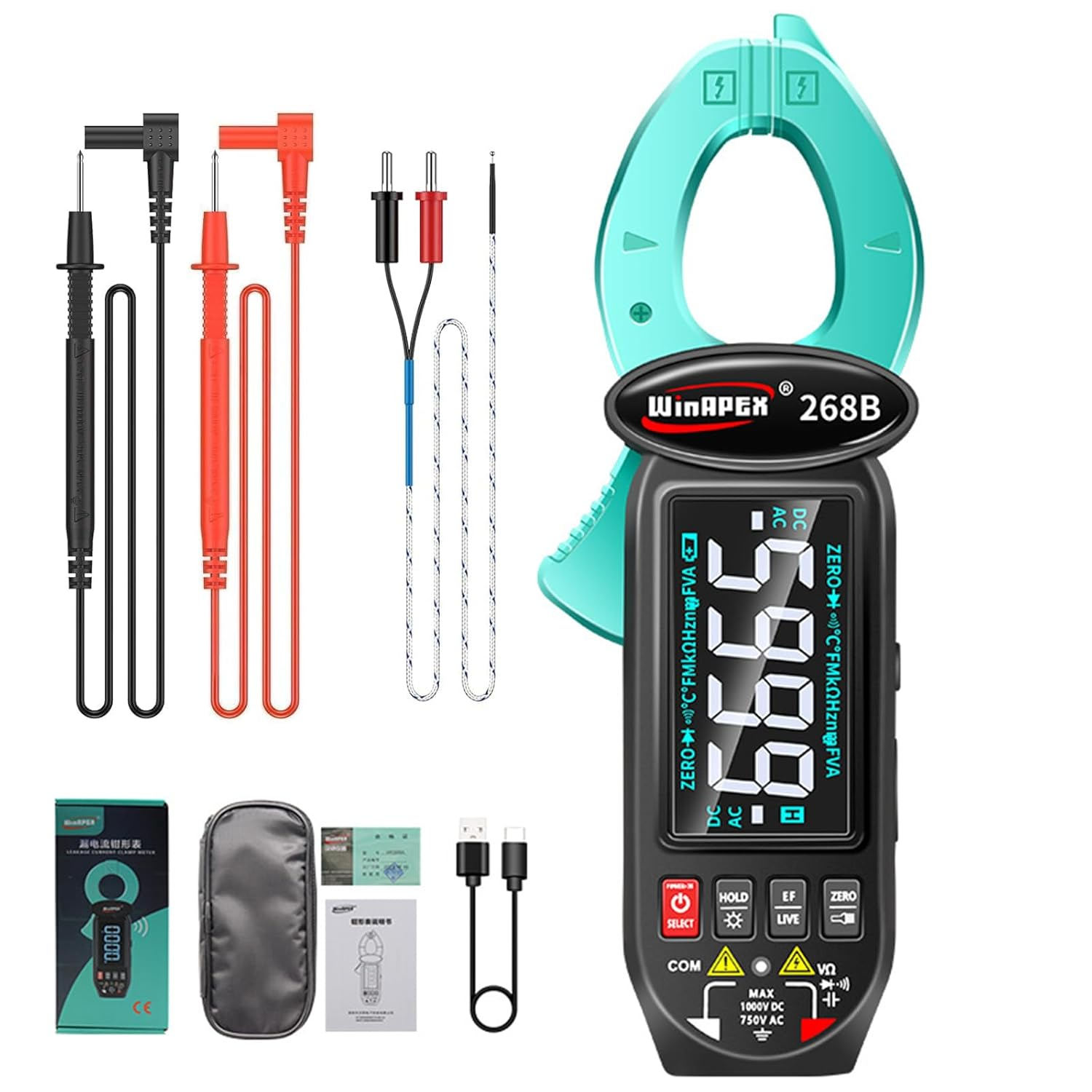 Digital Clamp Meter Multimeter: 6000 Counts Amp Voltage Tester Auto-Ranging with AC/DC Voltage, Capacitance, Resistance, Ohm, Continuity, Diode, Hz, Temp Test