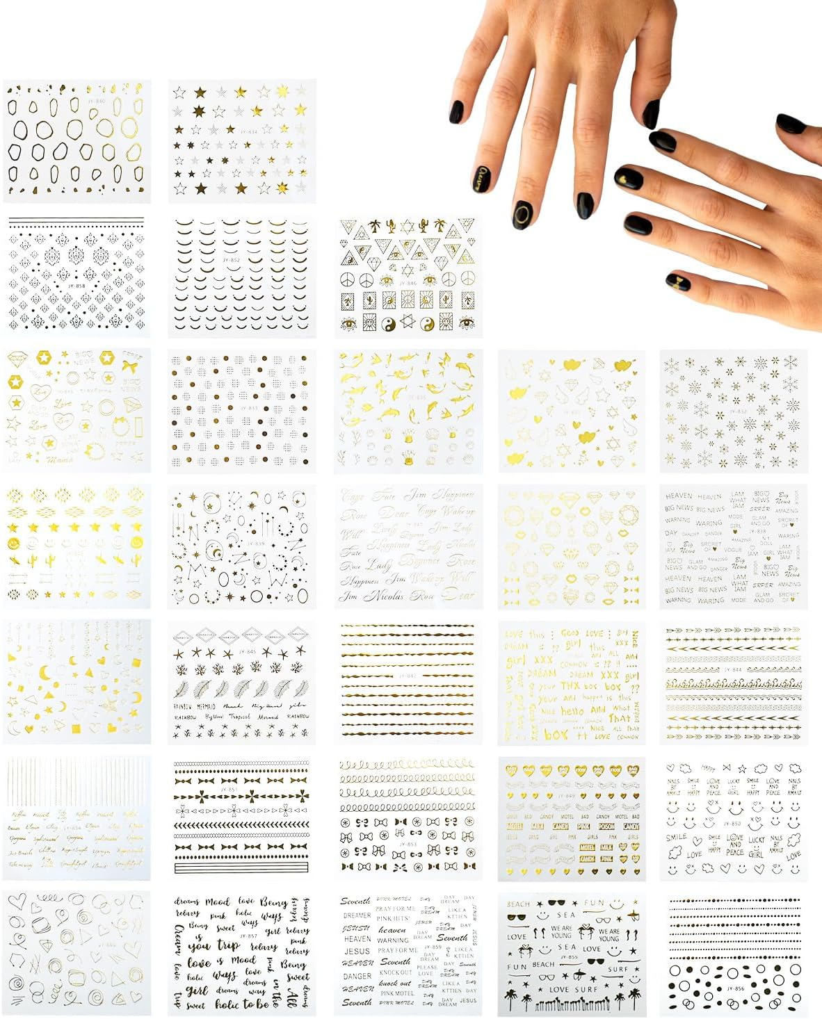 60 Sheets Gold Silver Nail Art Stickers, Star Moon Nail Decals Decor 3D Self Adhesive Geometric Stripe Wave Heart Stamp English Letter Nail Art Design Accessories for Women Girls image number 2