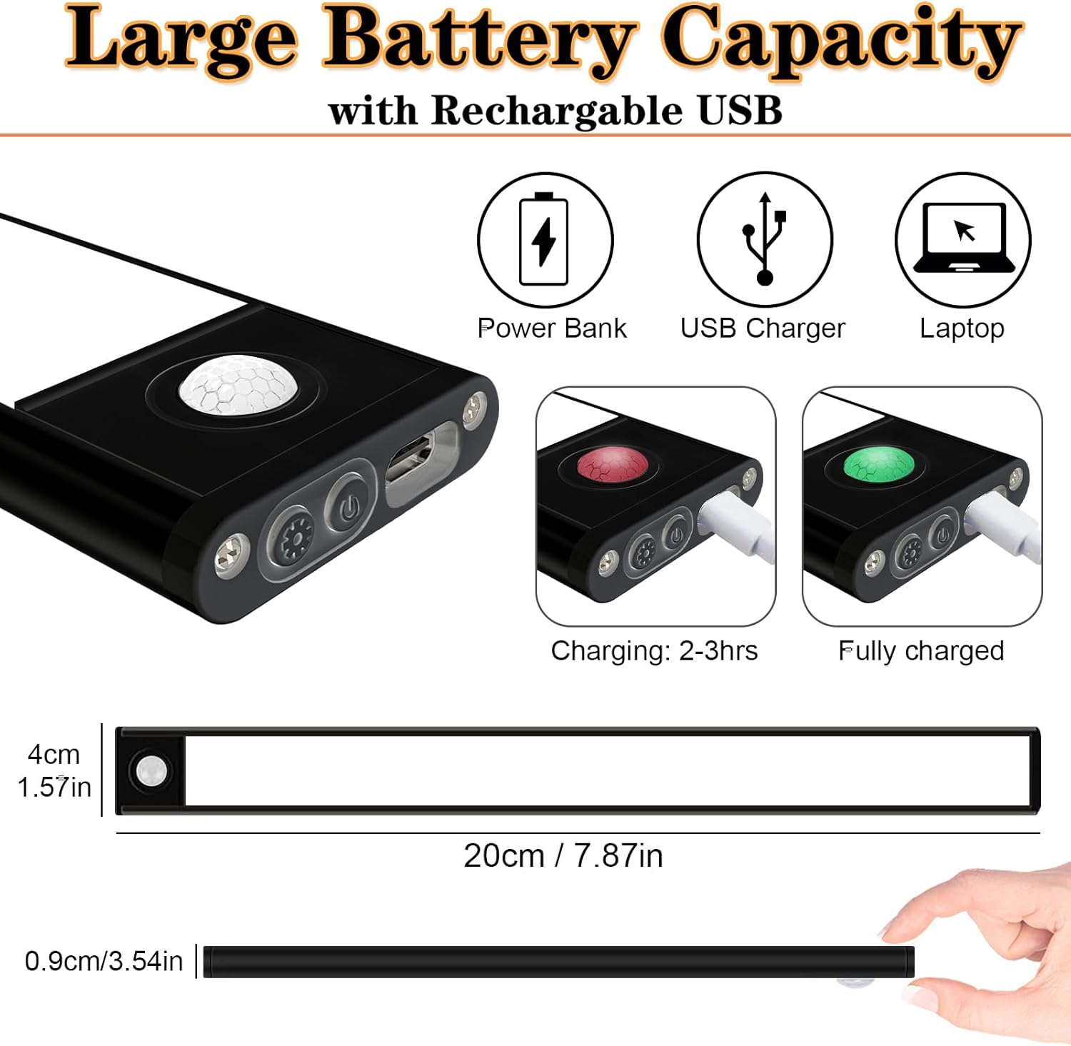 Under Cabinet Light, 2 Pack Motion Sensor Lights, USB Rechargeable LED Strip Lights Night Lighting Bars with Large Capacity Battery Operated for Home Kitchen,20Cm, Black