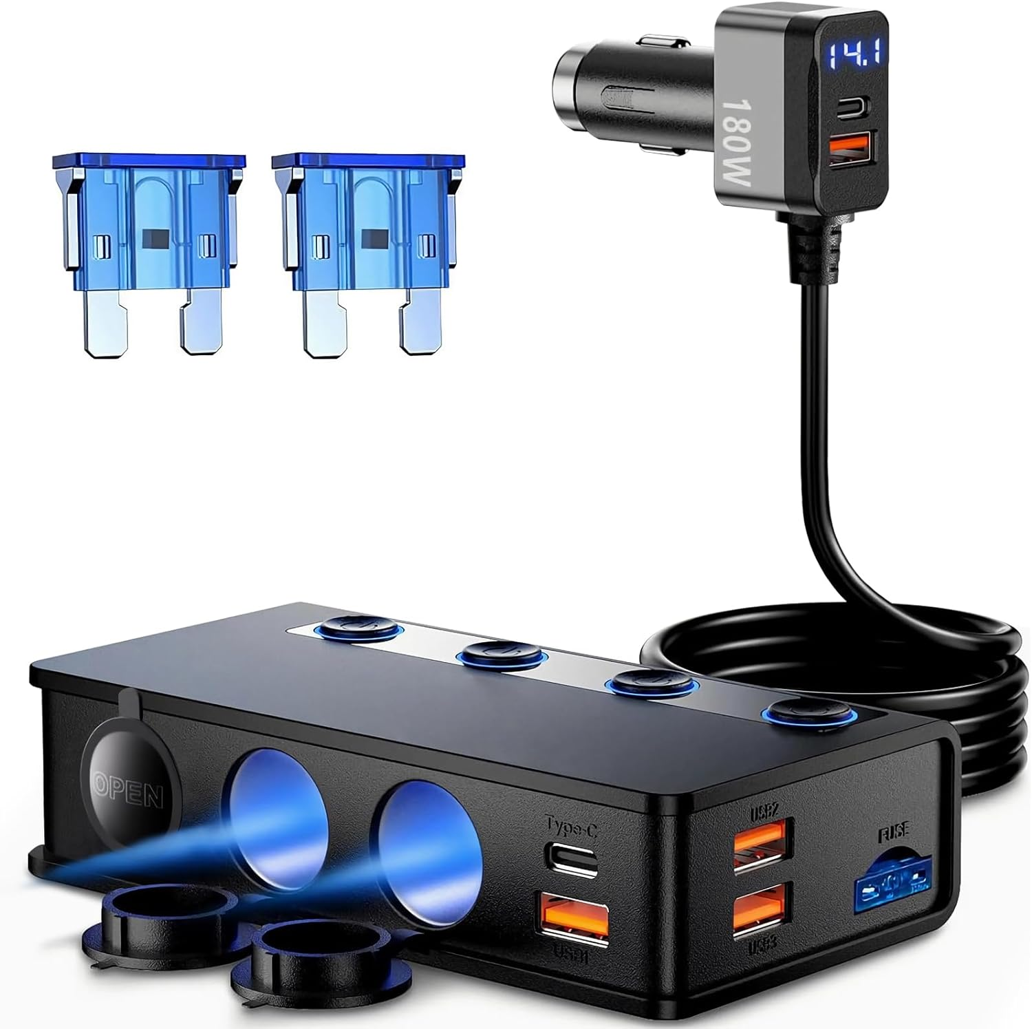 Car Cigarette Lighter Adapter QC&PD 3.0, 120W/180W 12V/24V USB Car Charger Adapter 3 Socket Cigarette Lighter Splitter with LED Voltmeter, 6 Fast Charging Ports, Safe Protection for Iphone,Ipad,Laptop image number 6