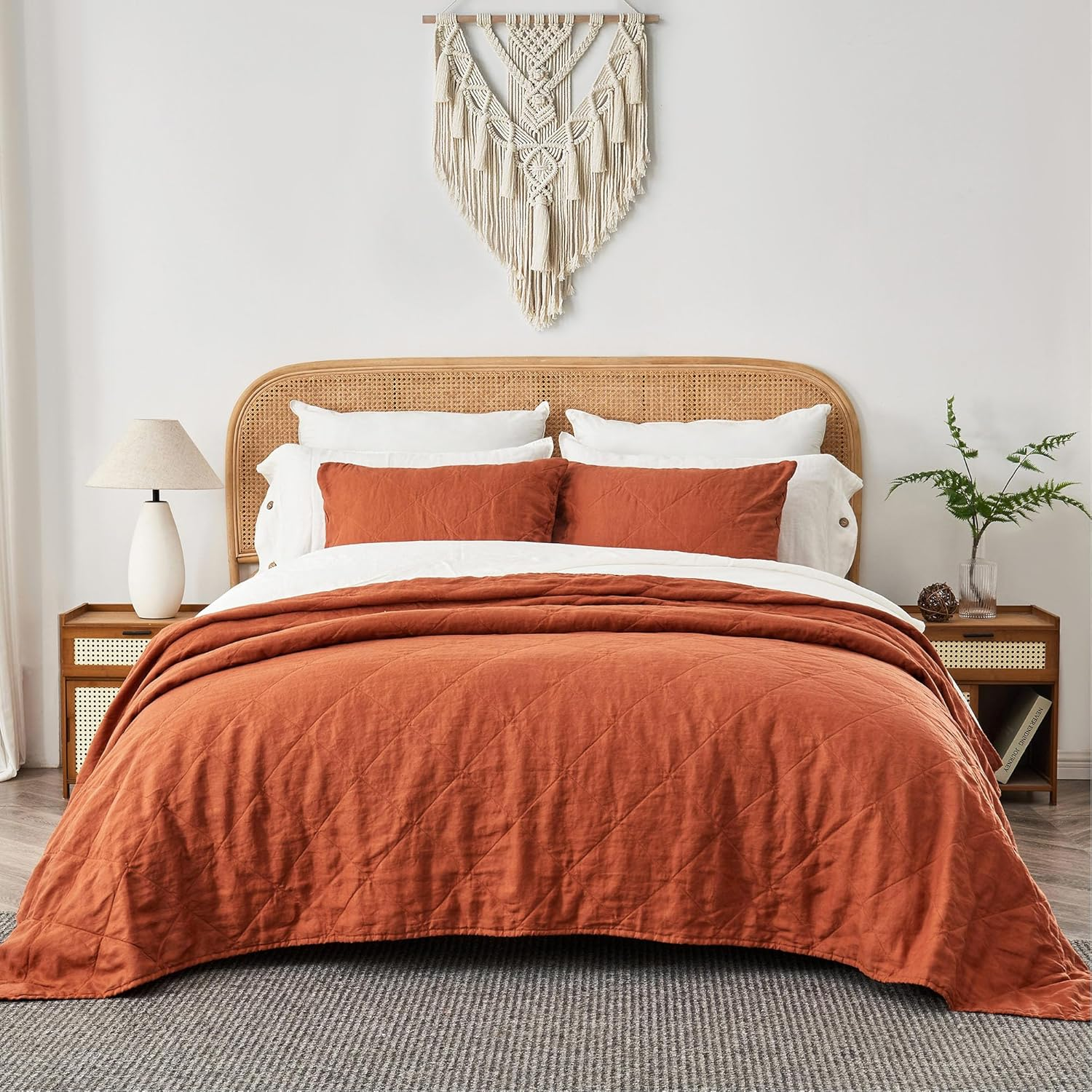 S VICTORY SYMBOL Linen Quilt Set Queen Size-3 Piece Bedding Quilt Coverlets,All Seasons Caramel Bedspreads,Washed Linen Shell and Rayon Derived from Bamboo Filling Quilted Coverlet image number 6