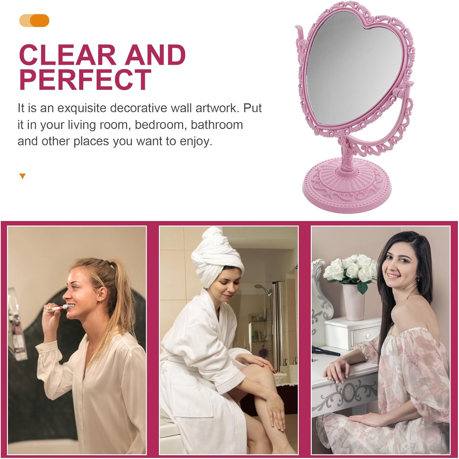 STAHAD Rotating Double-Sided Heart Shape Vintage Makeup Mirror, Pink Desktop Table Mirror for Women&rsquo;S Vanity and Dressing Table