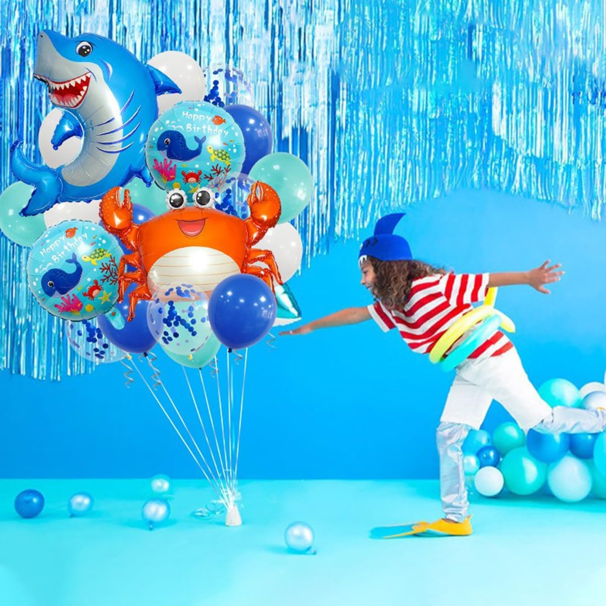 22Pcs Ocean Shark Themed Party Decorations, Blue Shark Balloons, Happy Birthday Balloons, Birthday Party, Undersea Balloons Supply image number 1
