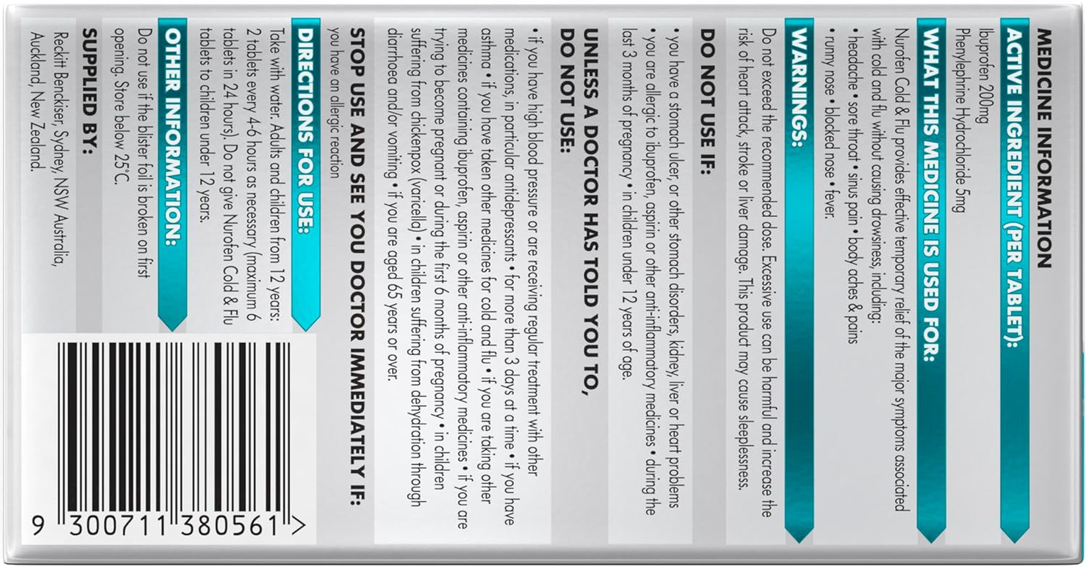 Nurofen Cold and Flu PE Tablets Pain Relief, Pack of 24 image number 1