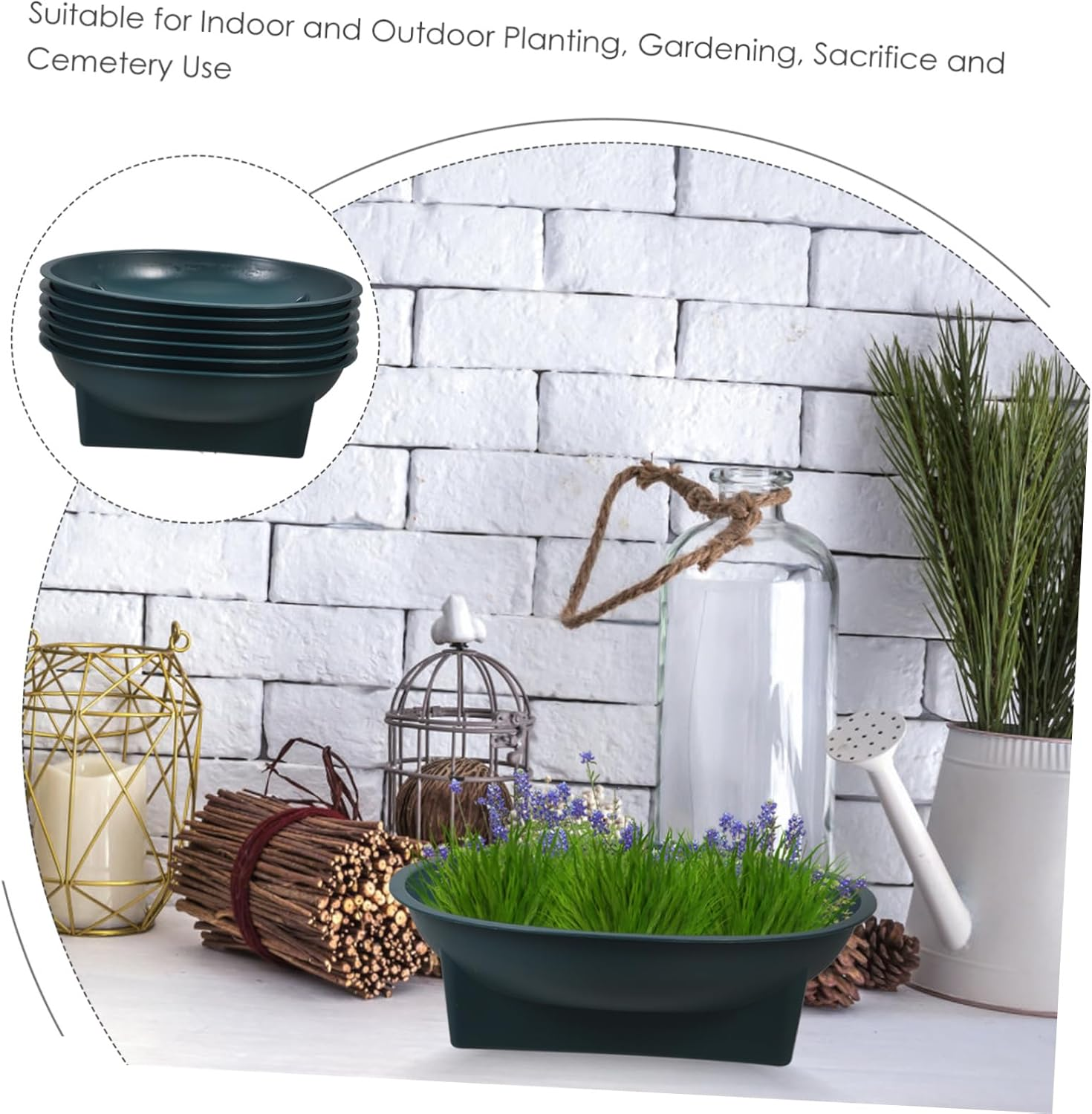 NULYLU 6Pcs Green round Floral Bowls Cemetery Planter Flower Arrangement Holders 16X16X5Cm Indoor Outdoor Yard Plant Bowls Memorial Gardening Supplies image number 6