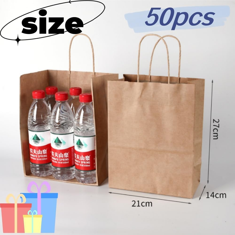 Jindizi 50 Pcs Natural Paper Gift Bags Kraft Paper Bags with Handles,Gift Bag,Small Gift Bags，For Gifts,Business, Shopping, Retail Merchandise Bags（21 * 27 * 14Cm） image number 5