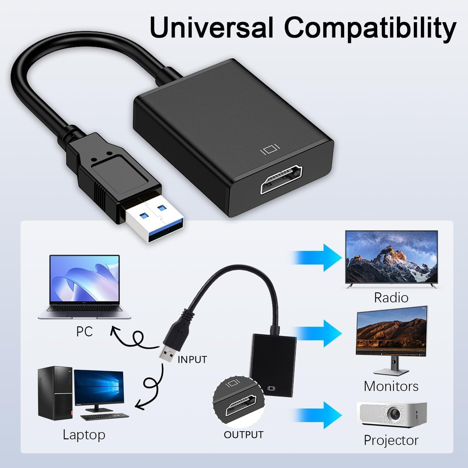 USB to HDMI Adapter, Vrythn USB 3.0/2.0 to HDMI 1080P Video Cable Converter with Audio for PC Laptop Projector HDTV Compatible with Windows XP 7/8/8.1/10 image number 1