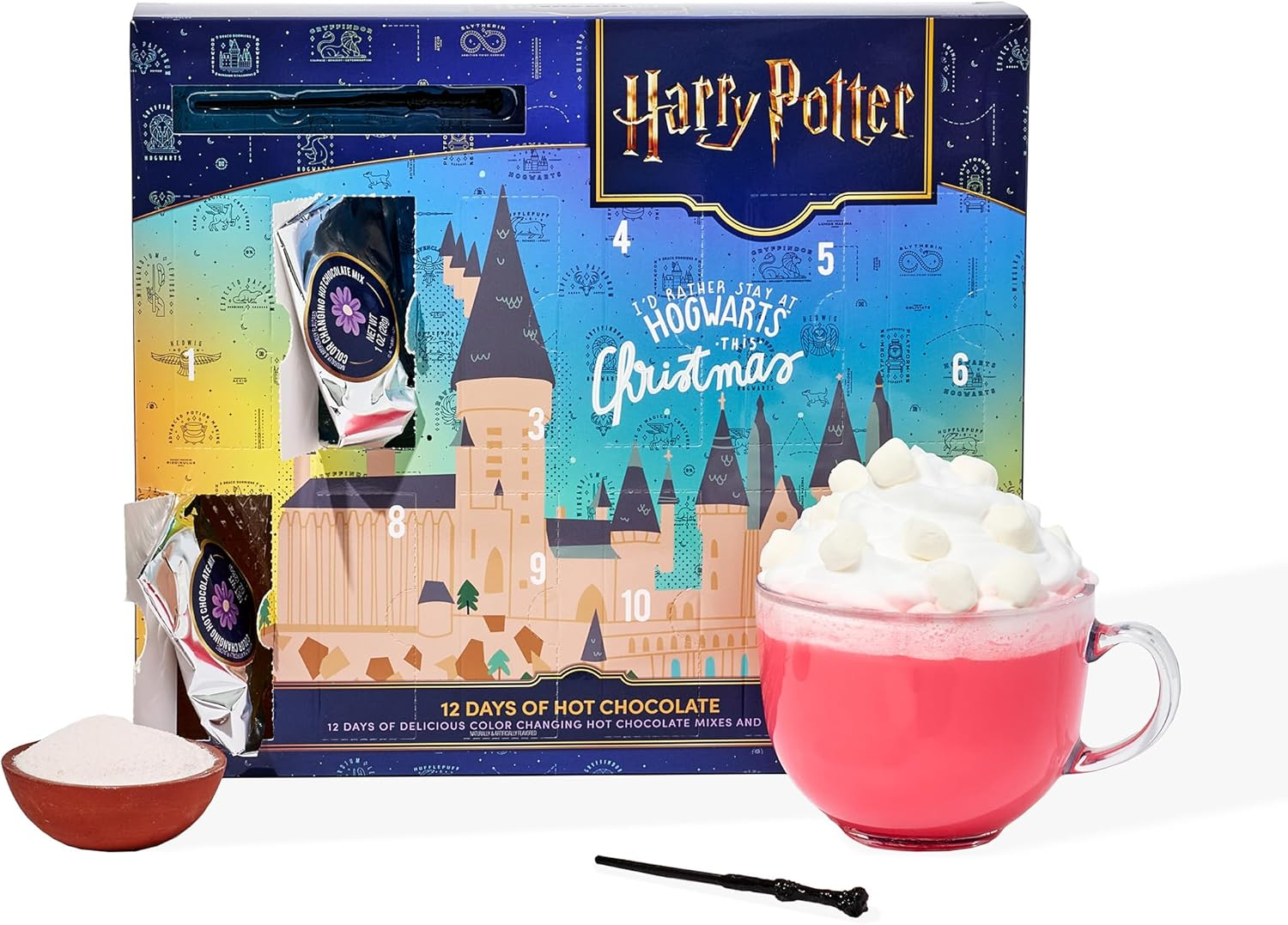 HARRY POTTER 12 Days of Hot Chocolate, Includes 12 Color-Changing Hot Chocolate Mixes in 4 Colors and 1 Stir Wand, Officially Licensed