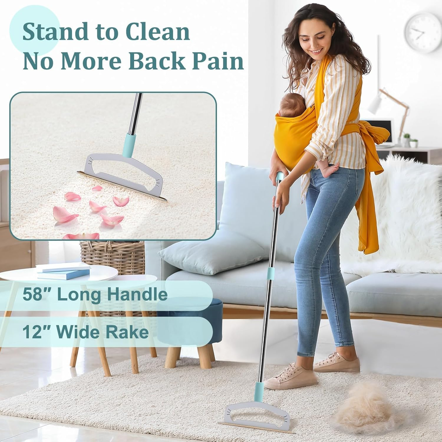 Large Metal Carpet Rake Pet Hair Removal Tool &ndash; 58&rdquo; Handle Thicker Poles 12&rdquo; Wide Dog Cat Hair Remover&ndash; 4 Length Adjustable Pro Pet Fur Removal Broom, Stairs Rug Carpet Brush image number 4