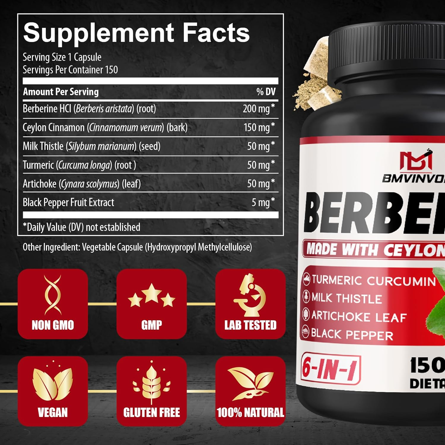 Berberine Hcl, 150 Capsules - plus Ceylon Cinnamon, Turmeric, Milk Thistle, Artichoke, Black Pepper, Berberine HCI Root Supplements Pills - Immune System