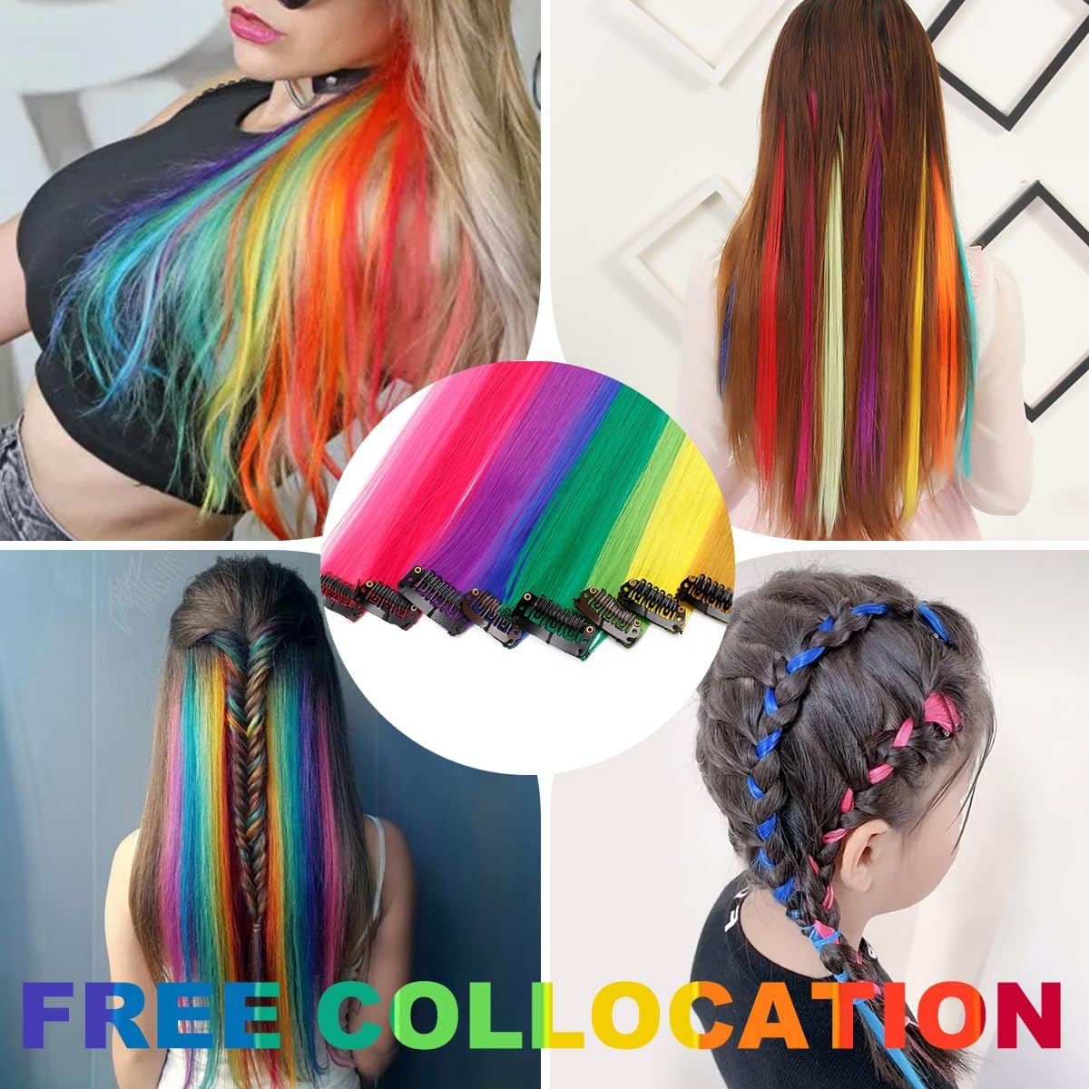 20 Color 21Inch Ombre Coloured Hair Extensions,H HOME-MART Heat-Resistant Synthetic Straight Clip in Hair Extensions for Women Girls Kids Gift Multi-Colors Party Highlights Clip in Synthetic Hairpiece image number 2