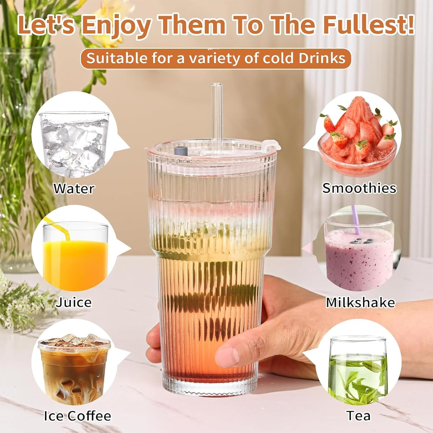 AUMA 20Oz Glass Tumblers with Lids and Straws, Set of 2 - Stylish Ribbed Design Drinking Glasses for Iced Coffee Cups, Juice, Smoothies, Cold Beverages, Includes Cleaning Brush, Durable Glassware