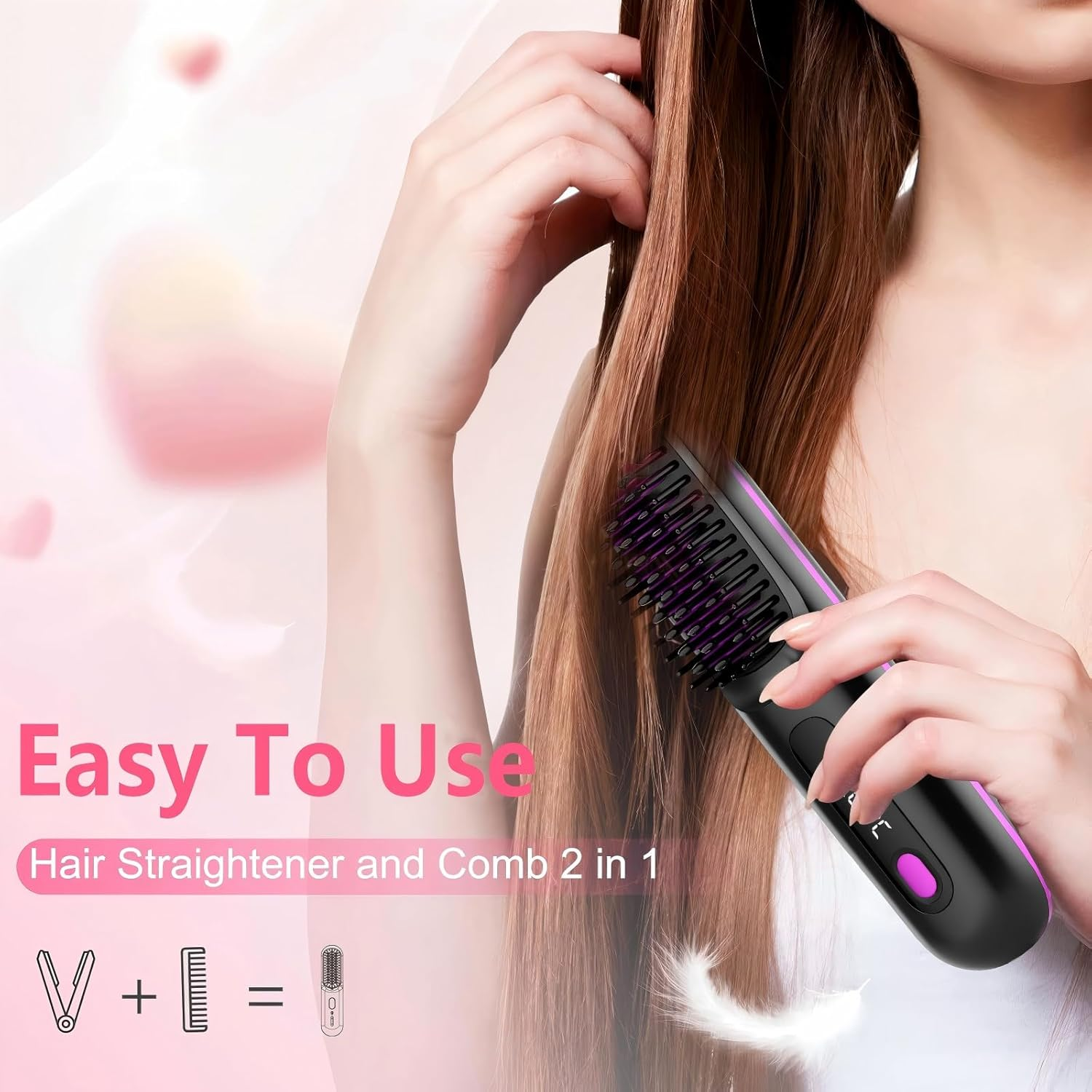 Cordless Hair Straightener Brush - Portable Straightening Comb for Travel Fast Heating USB-C Rechargeable, Smoother, Lightweight On-The-Go, Gift Styling Brush for Women, Mini Hair Straightener Comb image number 1