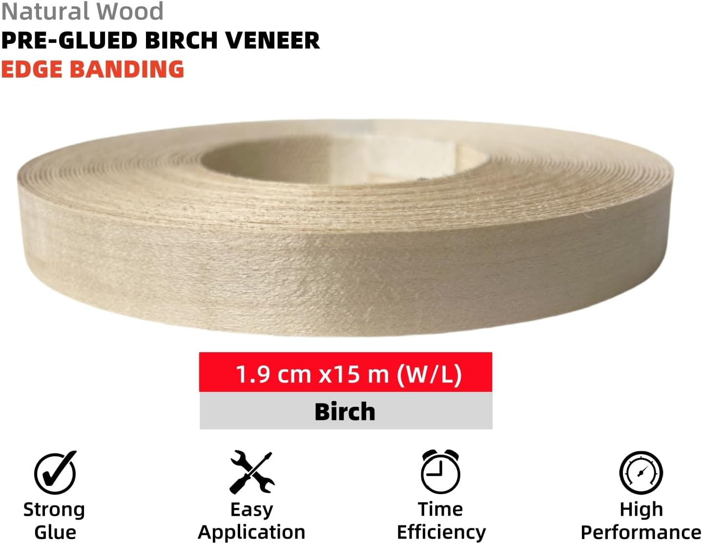 Preglued Birch Wood Veneer Edging, Plywood Edge Banding, Flexible Wood Tape, Iron on Easy Application Veneer Edging with Hot Melt Adhesive Back (1.9Cmx15M) image number 1