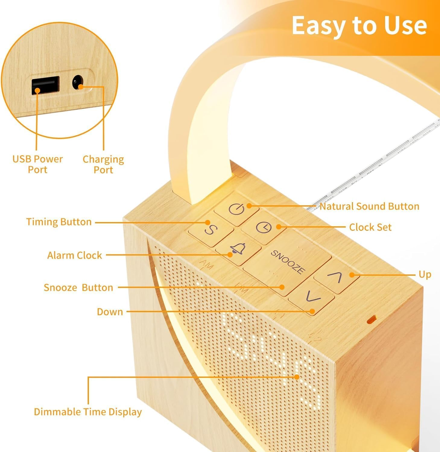 Vnoeom Alarm Clock Bedside Lamp, Touch Table Lamp with Natural Sounds, Desk Lamp with Alarm Clock, Touch Control 3 Levels Brightness,Night Light for Bedroom, Living Room, Nightstand image number 6