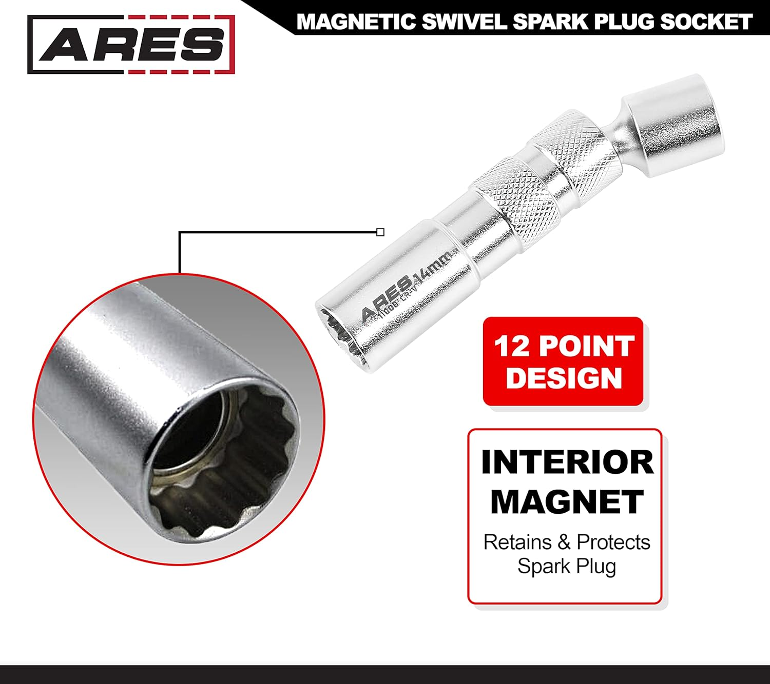ARES 11000-14Mm Thin Wall Magnetic Swivel Spark Plug Socket - 3/8-Inch Drive 12-Point Spark Plug Socket - Walls 2Mm Thinner than Standard Spark Plug Sockets image number 6