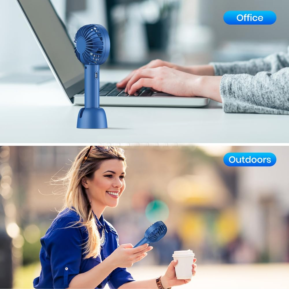 H HOME-MART Mini Portable Fan, Powerful Handheld Fan, Cute Design 3 Speed Personal Small Desk Fan with Base, Lightweight Makeup USB Rechargeable Fan for Stylish Girl Women Travel Indoor Outdoor (Blue) - Blue image number 3